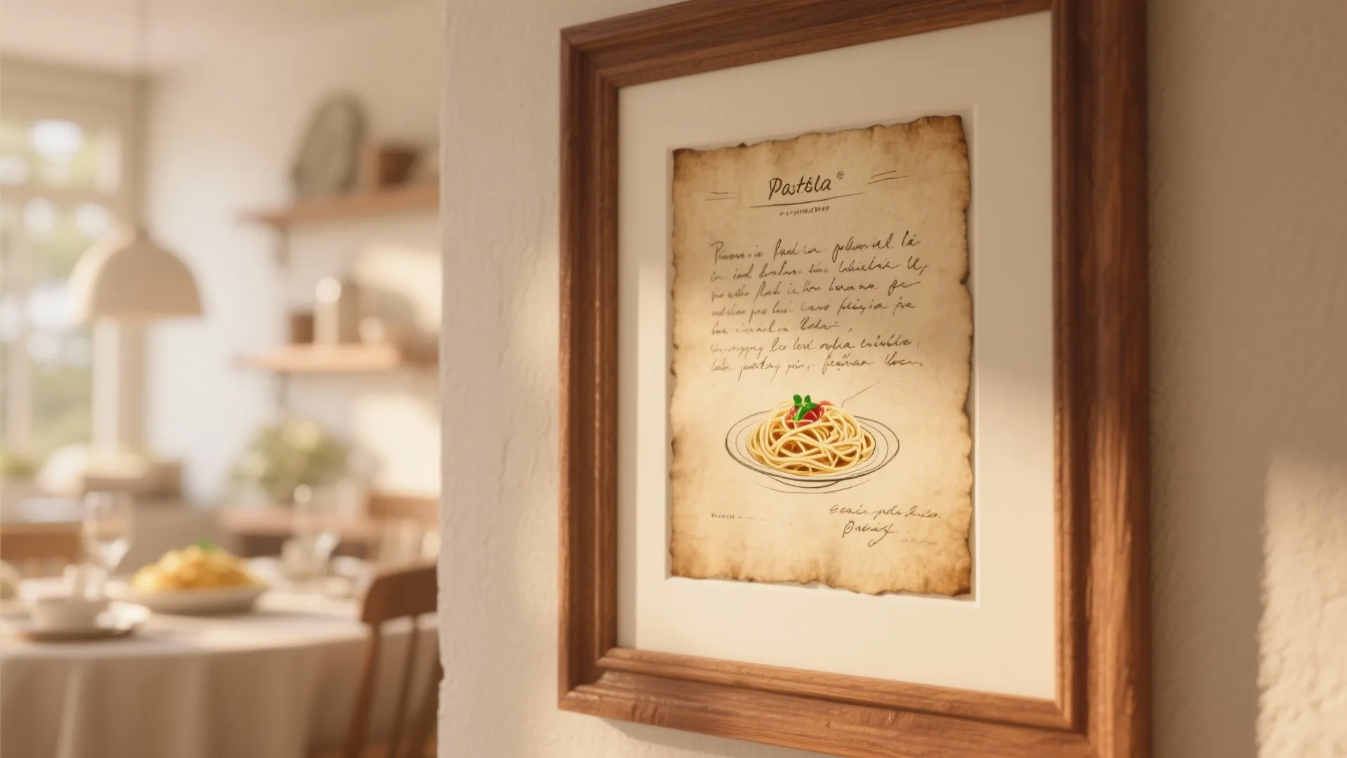 Close up of a framed vintage pasta recipe drawing hanging on a white kitchen wall