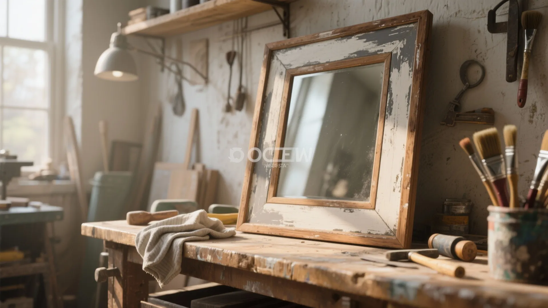 Vintage wooden mirror frame sitting on a messy workbench with various brushes and work tools