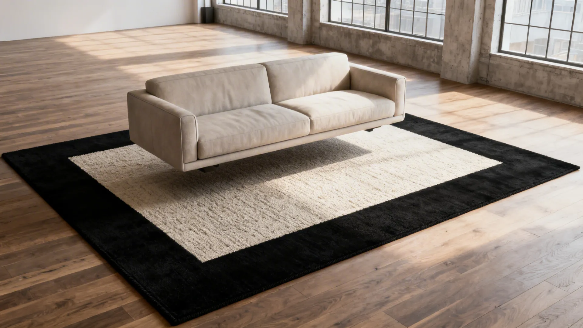 Loft living room with a rug that has a distinct black border framing the seating area.