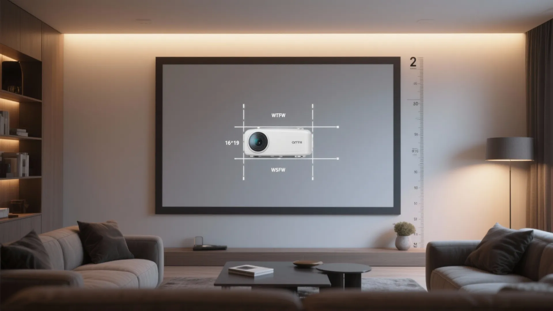 Living room interior design drawing showing a large screen on the wall between two grey sofas