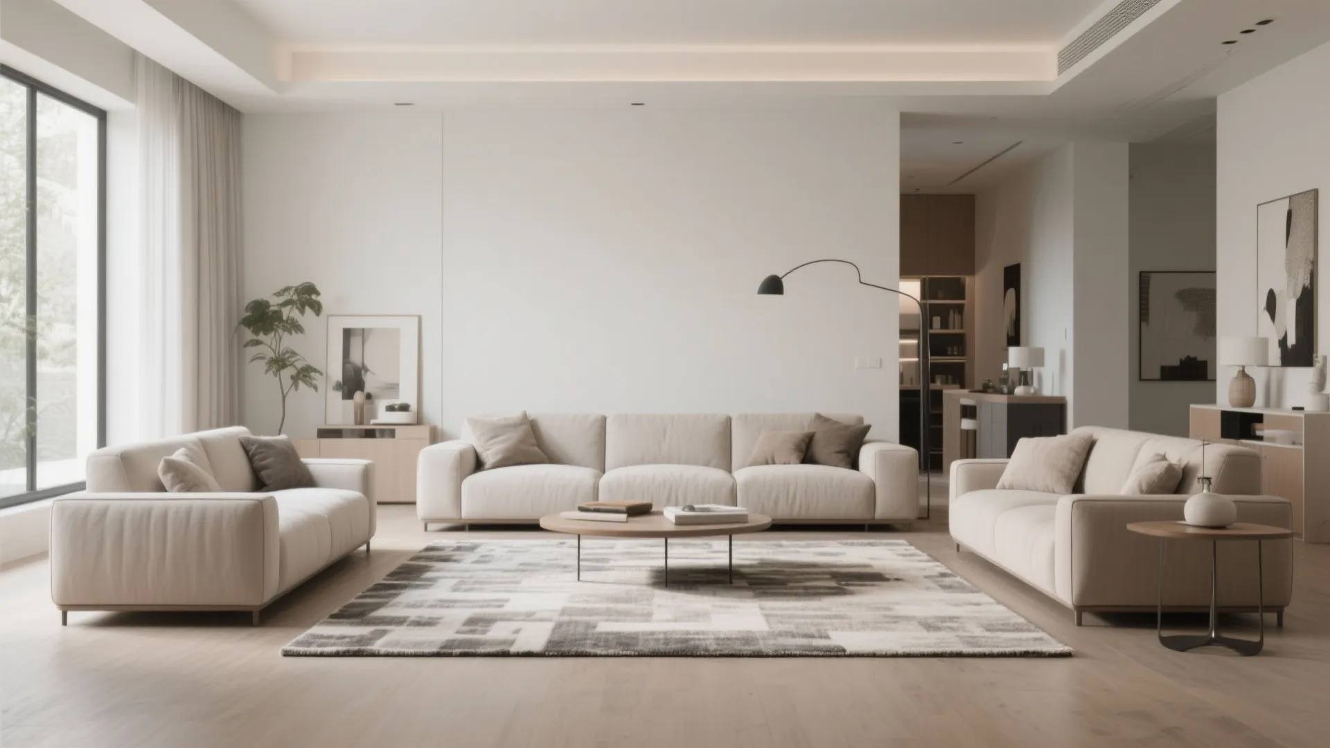 Living room with seating arranged on a large rug creating a defined space