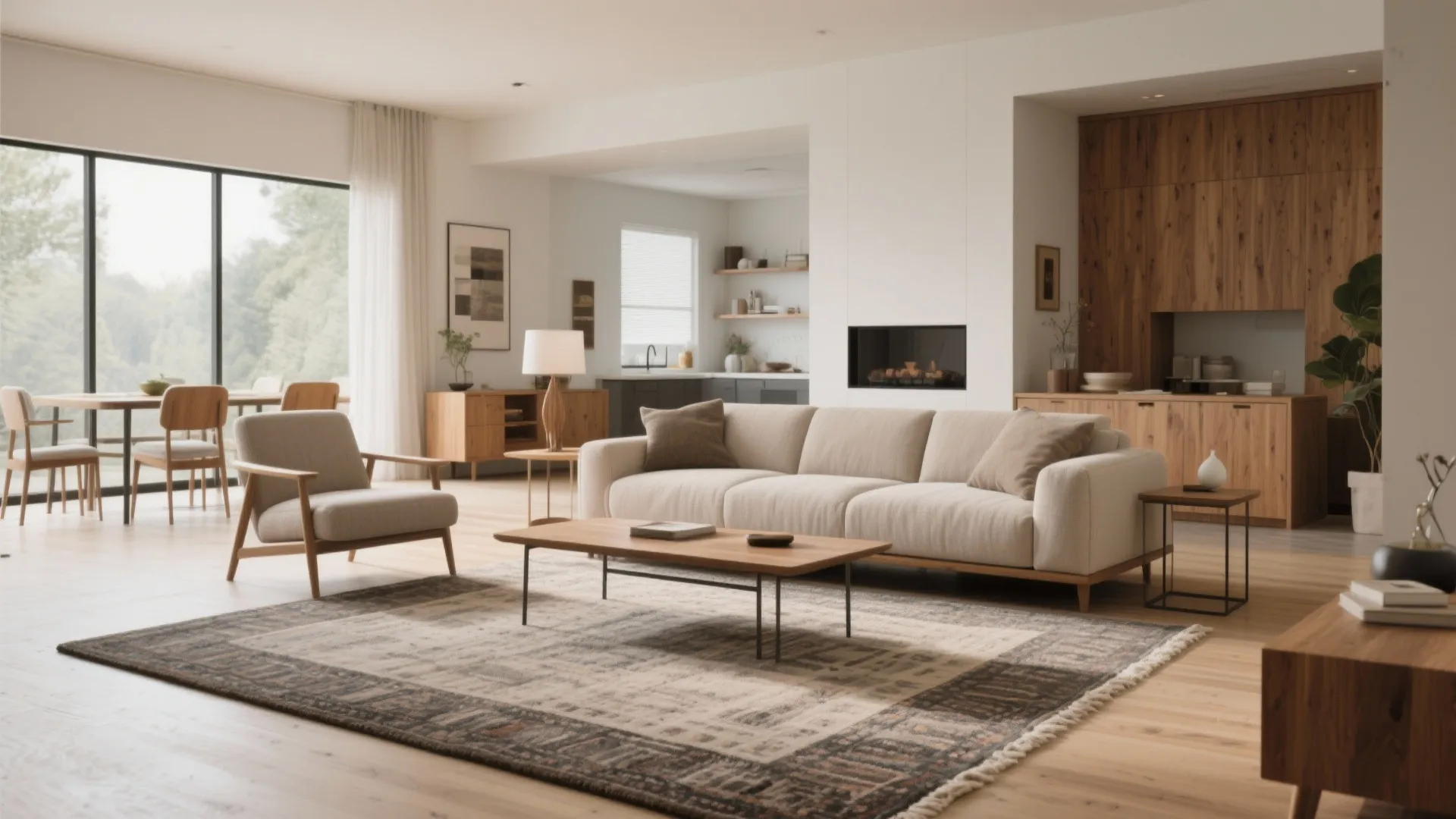 Large rug framing the seating area in an open living space
