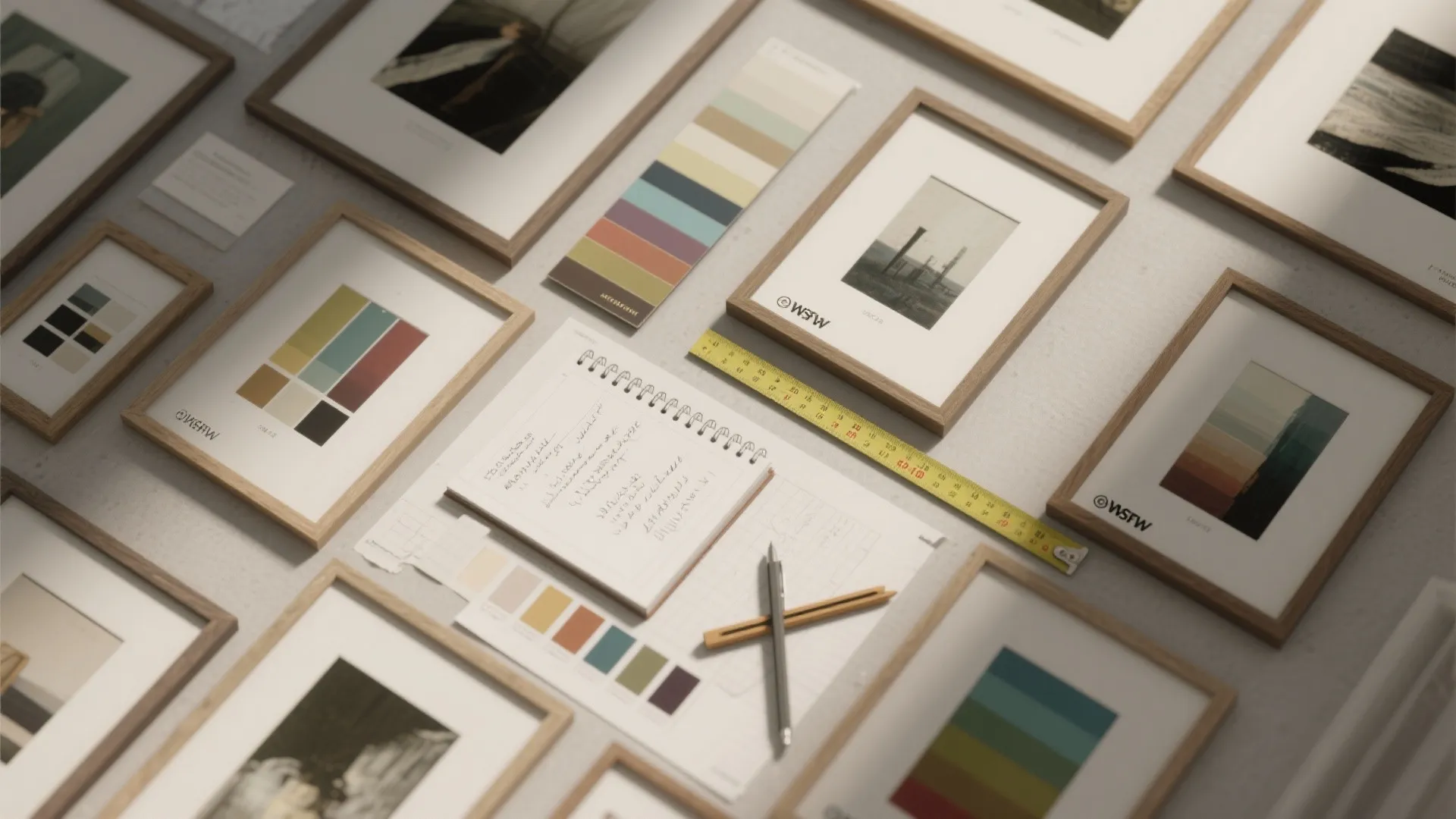 Interior design planning with wood framed pictures color swatches and a notebook on a table