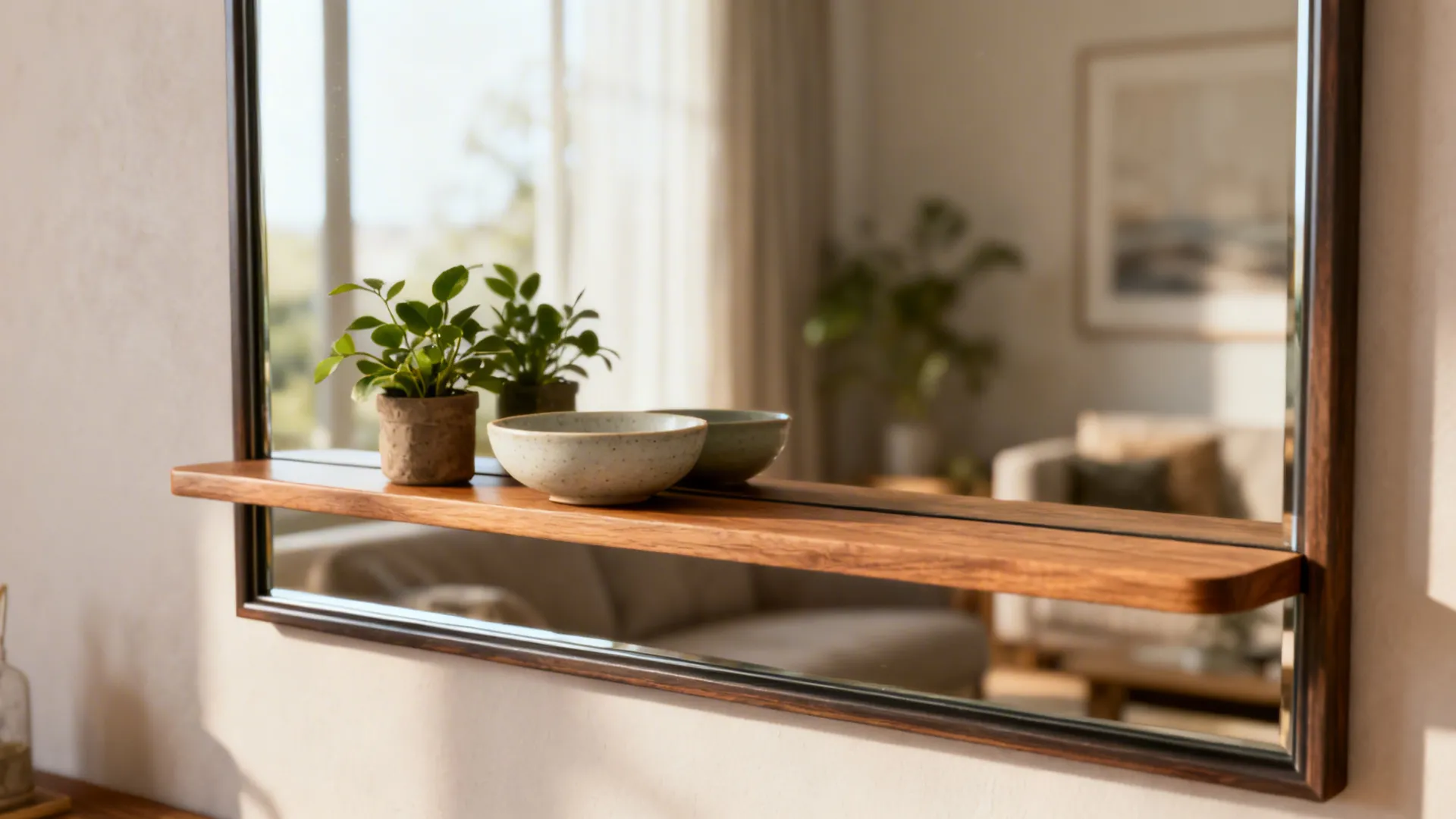 Decorative framed mirror with a slim integrated shelf holding a plant and bowl, shown in close-up.