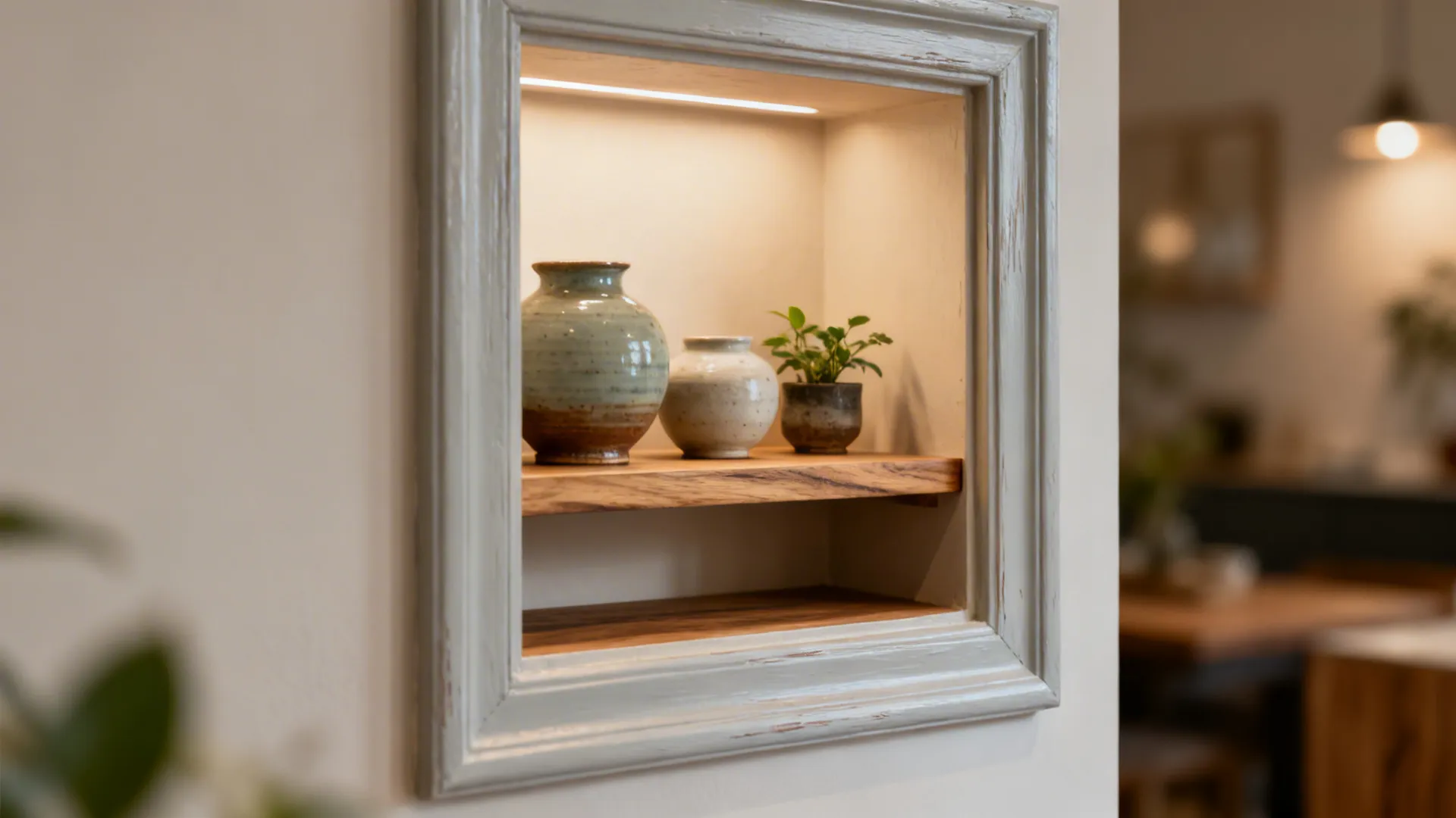 Framed pass-through window with shallow shelves displaying pottery and plants.