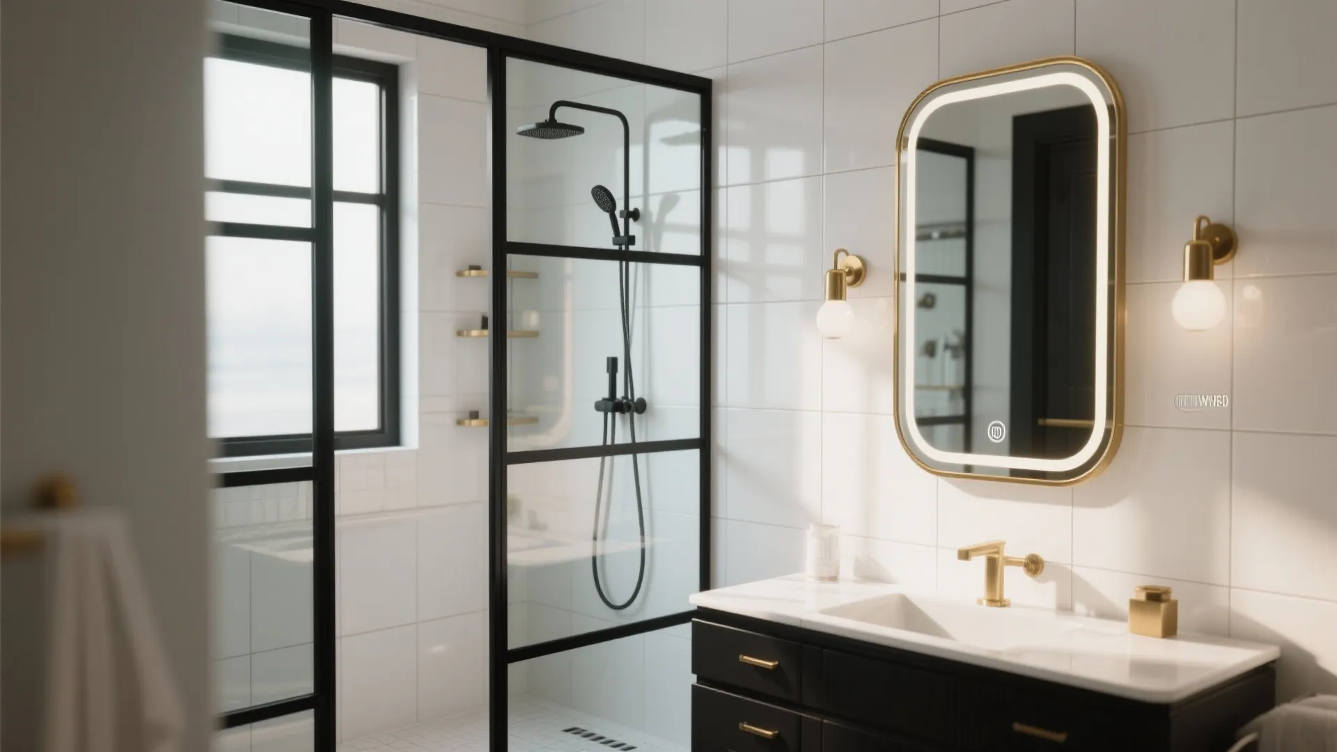 4. Black-framed shower and mirrored accents