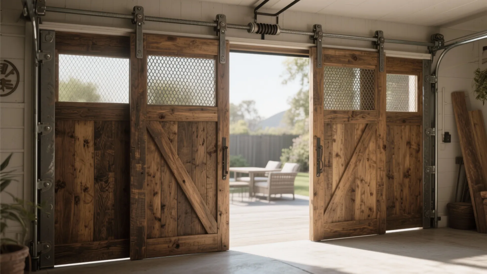 Rustic wooden sliding doors with wire mesh windows opening to a bright outdoor wooden deck