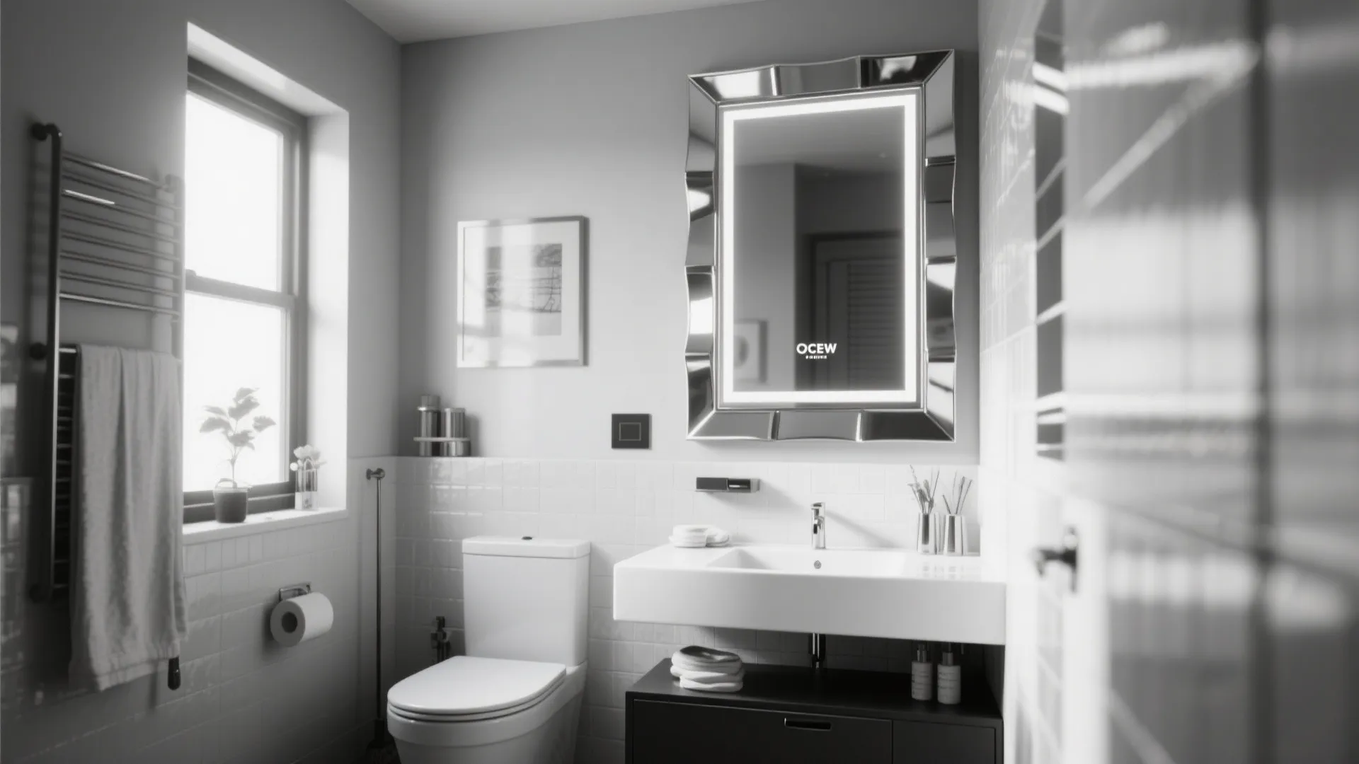 Bright bathroom with large silver framed mirror above white sink and toilet with natural light