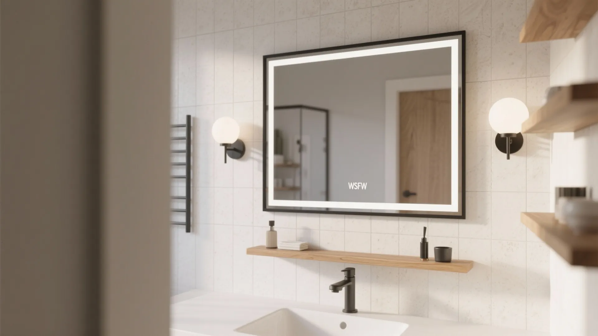 Black metal framed mirror above a vanity with light tile and warm oak accents.