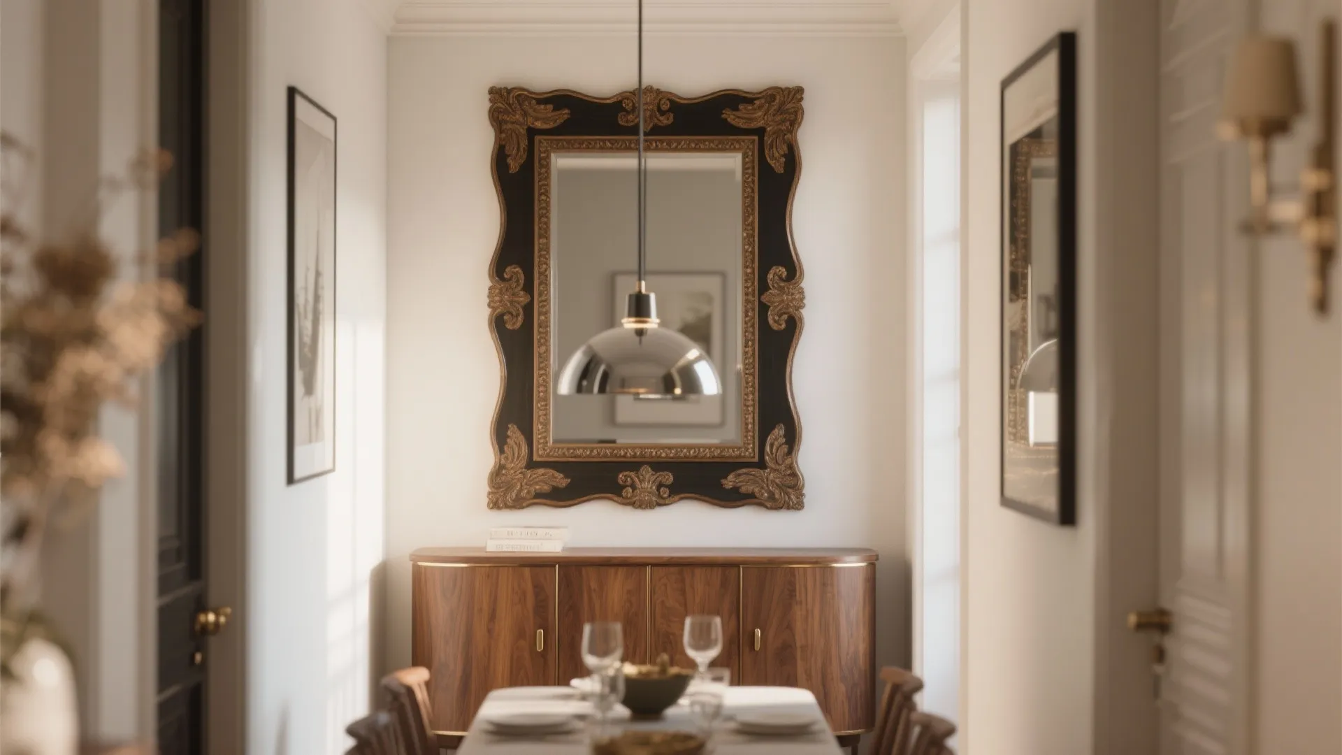 Elegant dining room featuring a large ornate wall mirror above a wooden cabinet with light