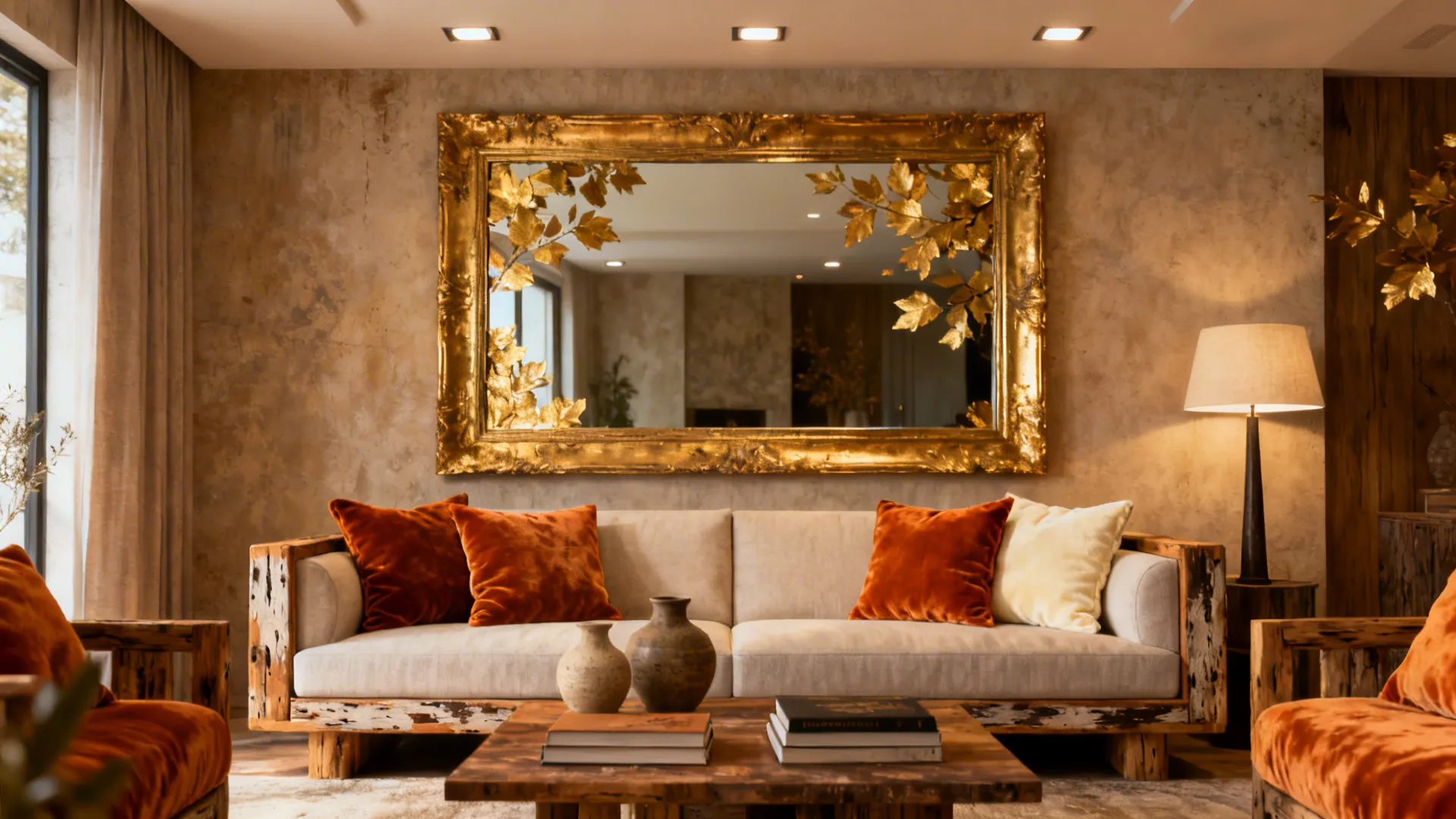 Oversized framed mirror centered above a sofa adding elegance and warmth to the seating area