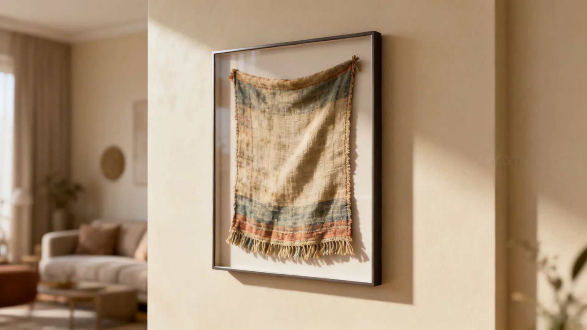 Framed vintage textile in a slim floating frame, showing fabric texture and faded dyes.