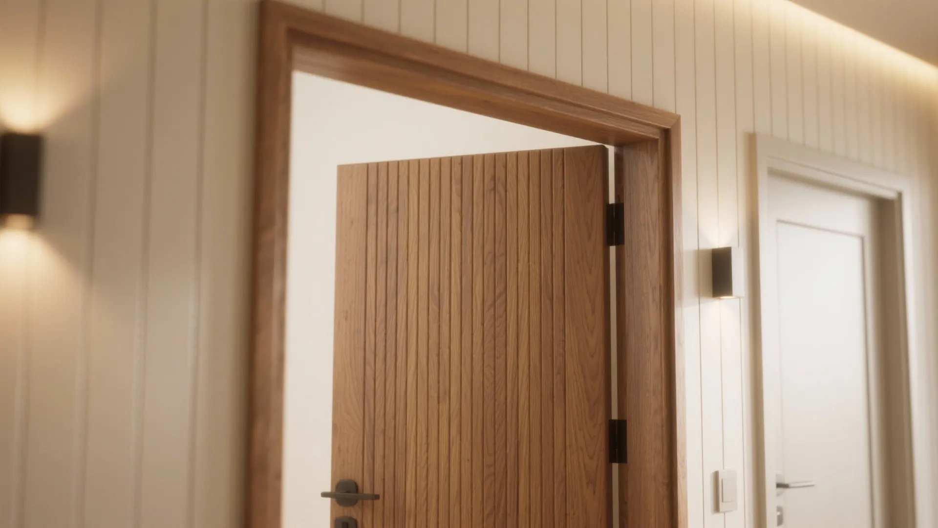 Wooden door with vertical lines opening into a white room with wall lights and panels