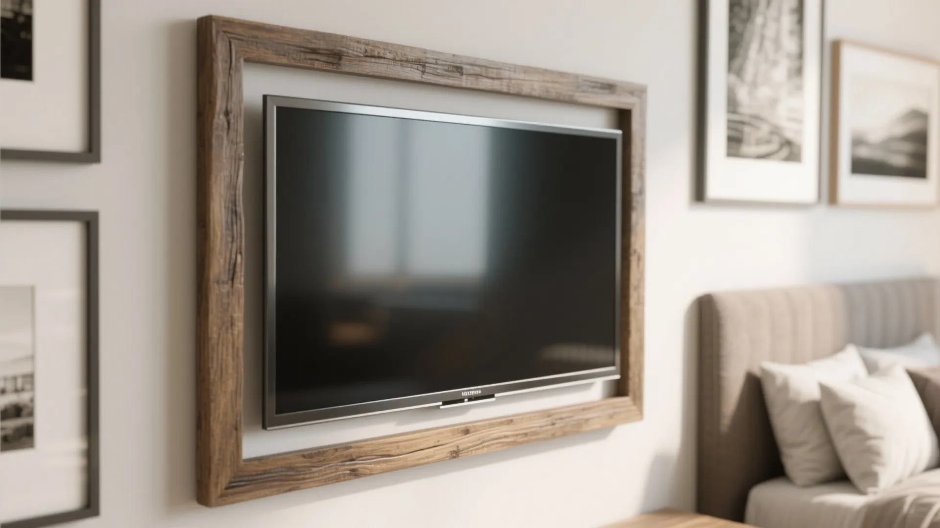 Close-up of a thin reclaimed wood frame around a TV, showing texture and slim bezel like framed artwork.