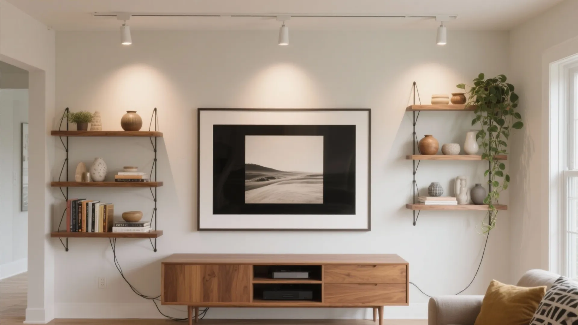 3) Framed TV with art-mode display and asymmetrical shelving
