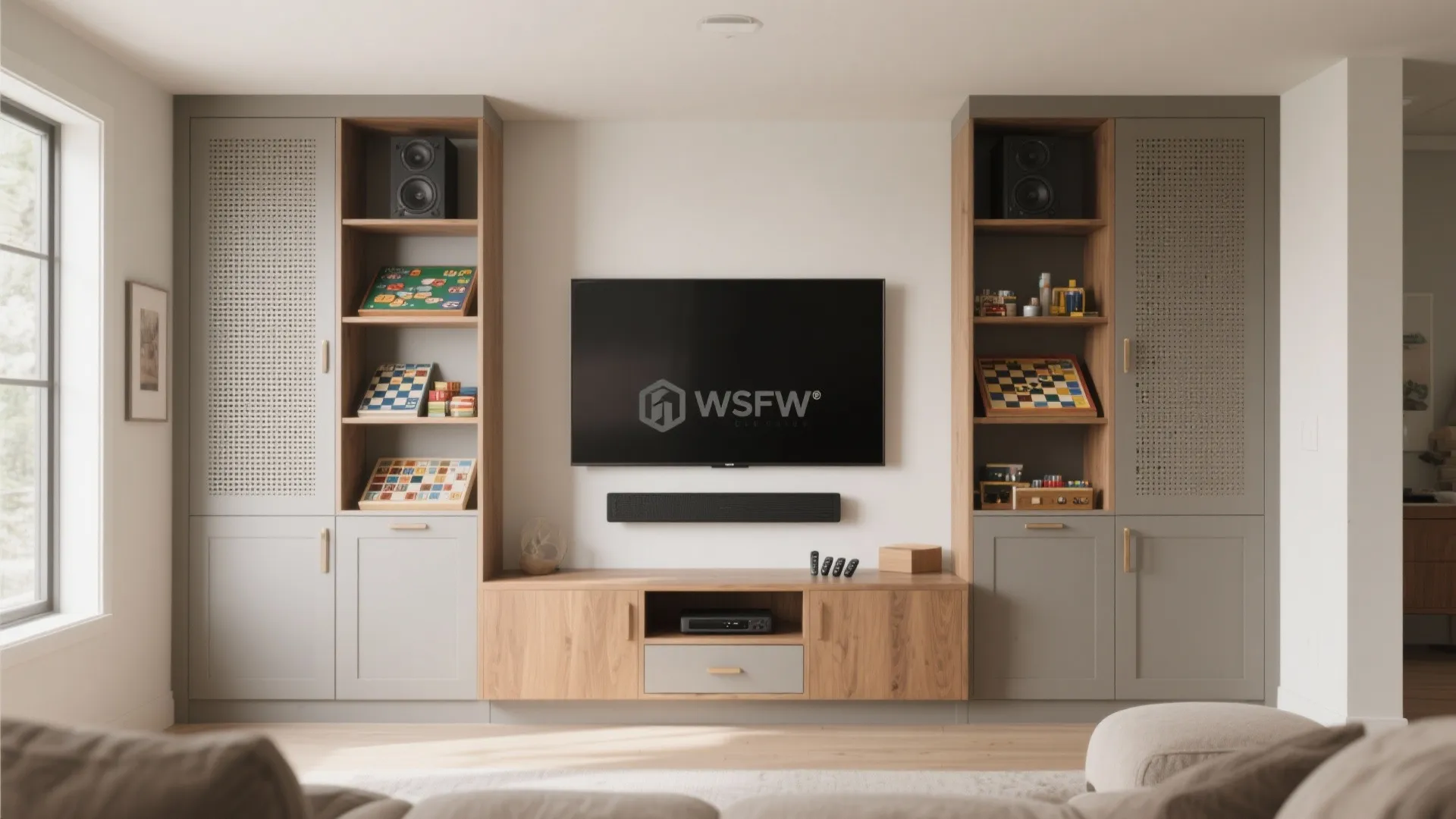 Built-in grey wall cabinets surrounding a black television with wooden shelves and a wooden console table