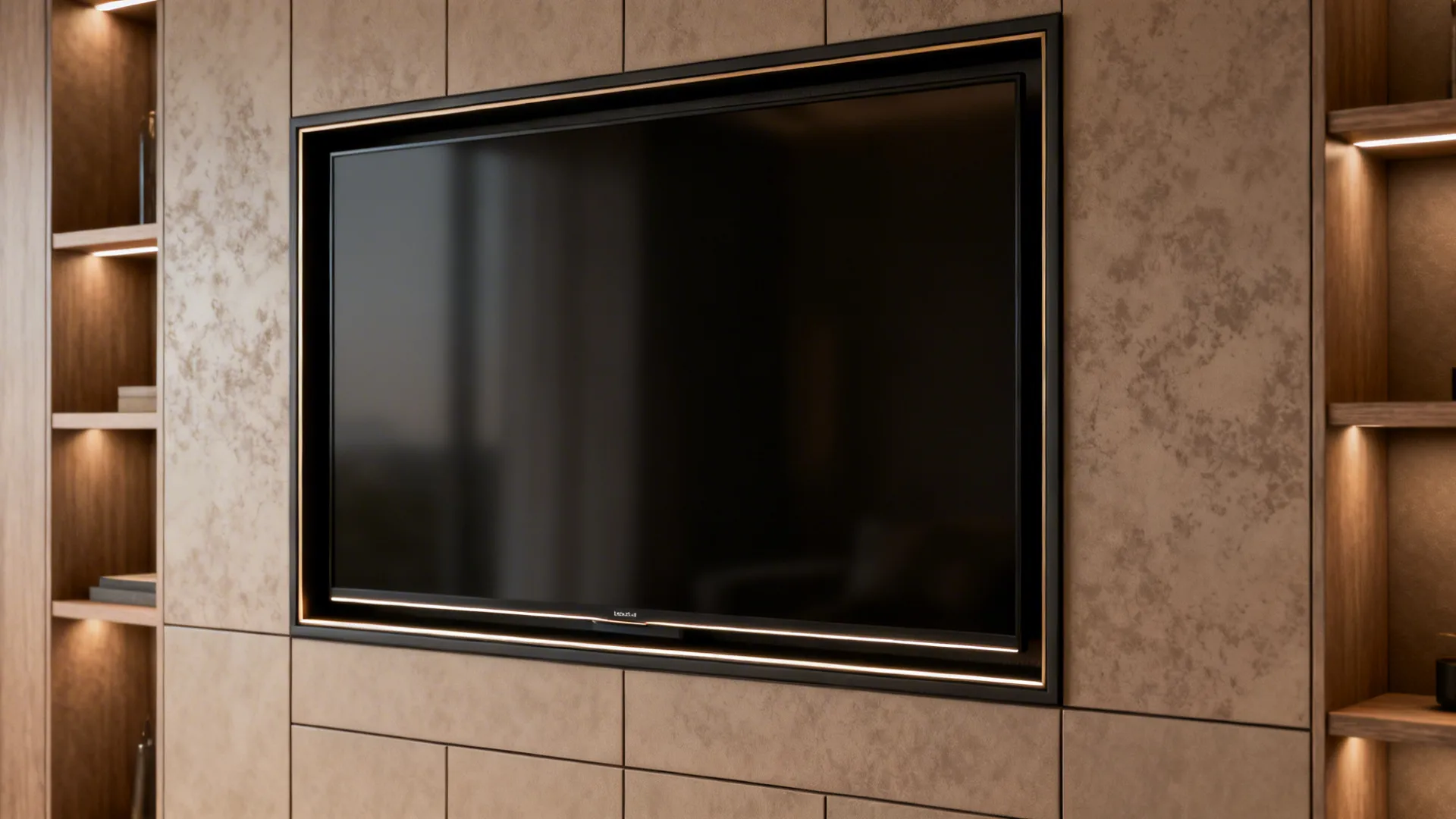 Framed 65-inch TV flush with custom cabinetry and floating shelves, detailed materials visible