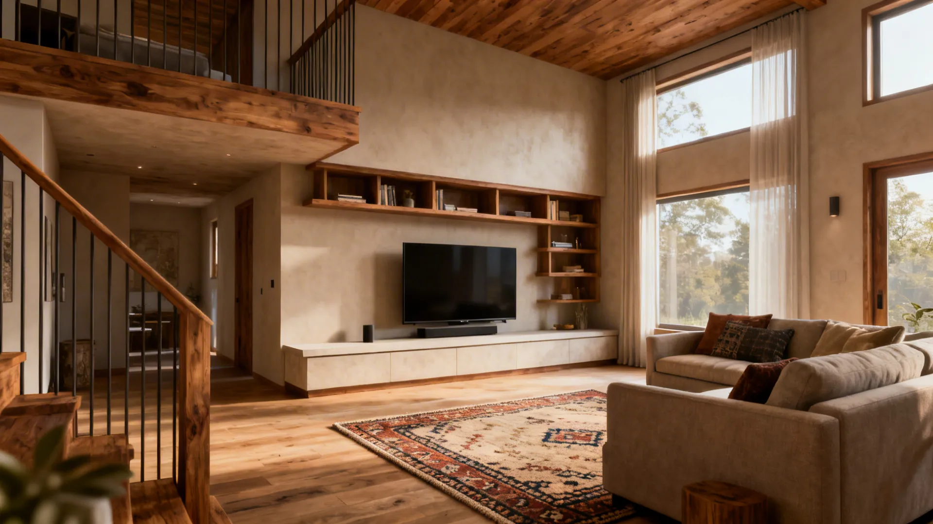 Living room with TV framed by built-in shelves and a low console, seating and rug defining the viewing area.