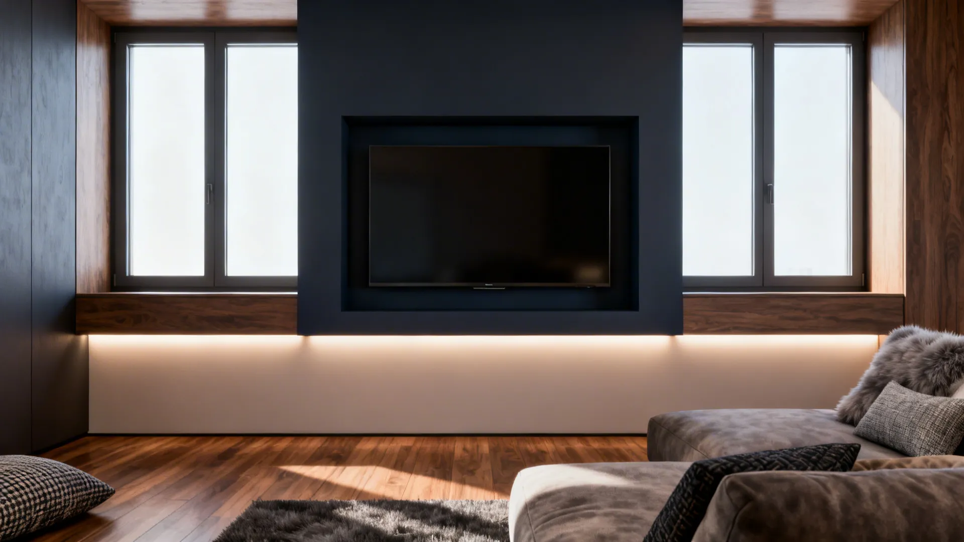 Recessed TV niche between windows with dark painted surround and LED backlight