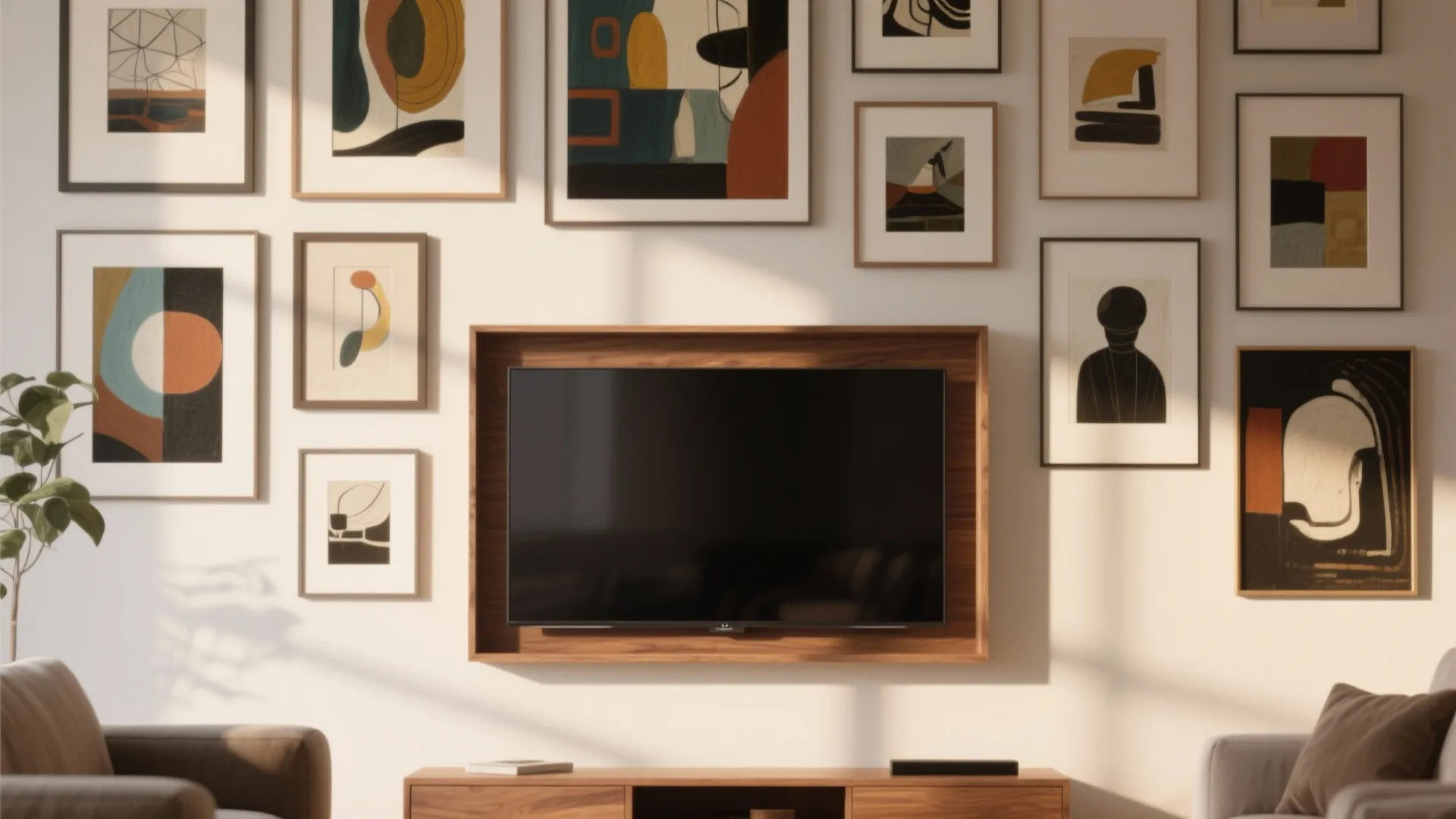 Television mounted on wall surrounded by many framed abstract art prints in a gallery arrangement