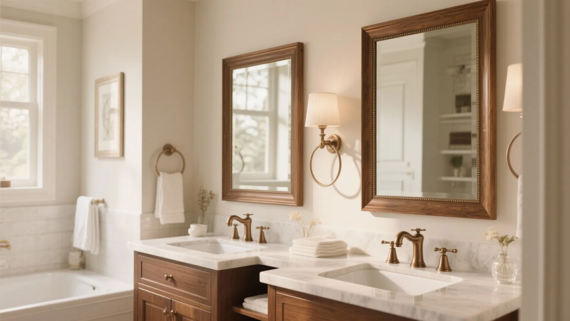 Classic bathroom with wood vanity and two framed mirrors plus wall lights and white bathtub