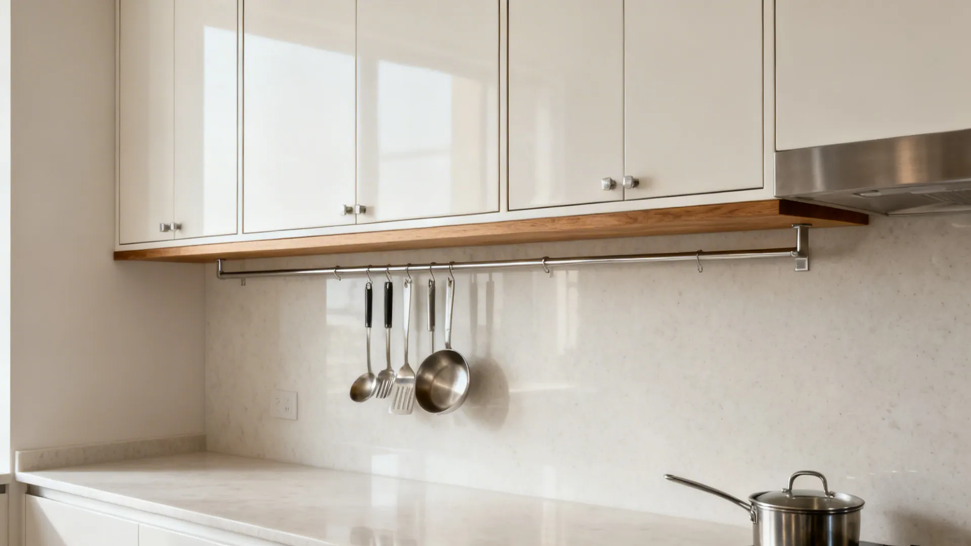 Slim-framed matte white upper cabinets with a stainless rail below for utensils in a compact kitchen.