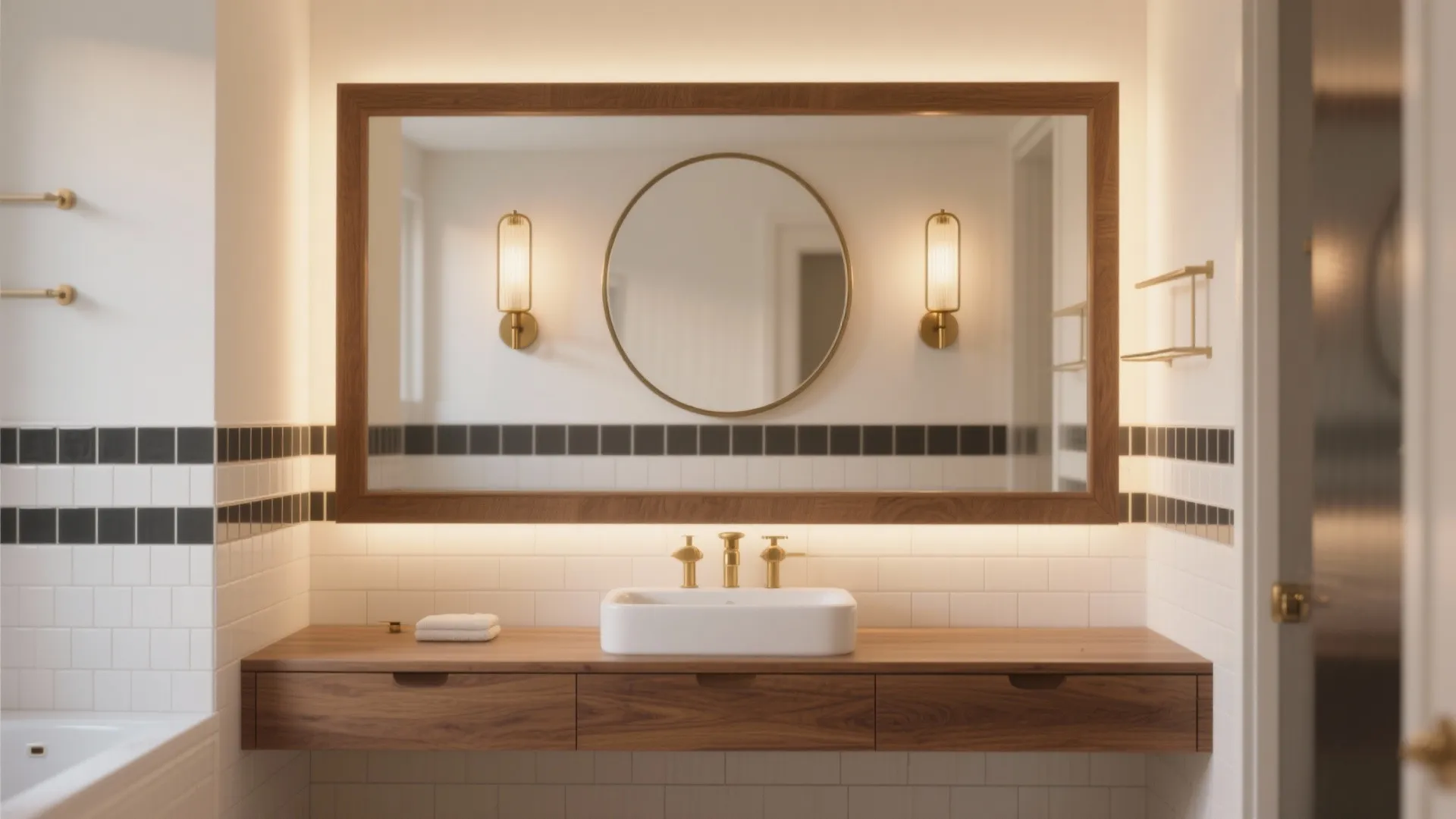 Vanity wall framed by white tile with dark grout, oak vanity and brass lighting accents
