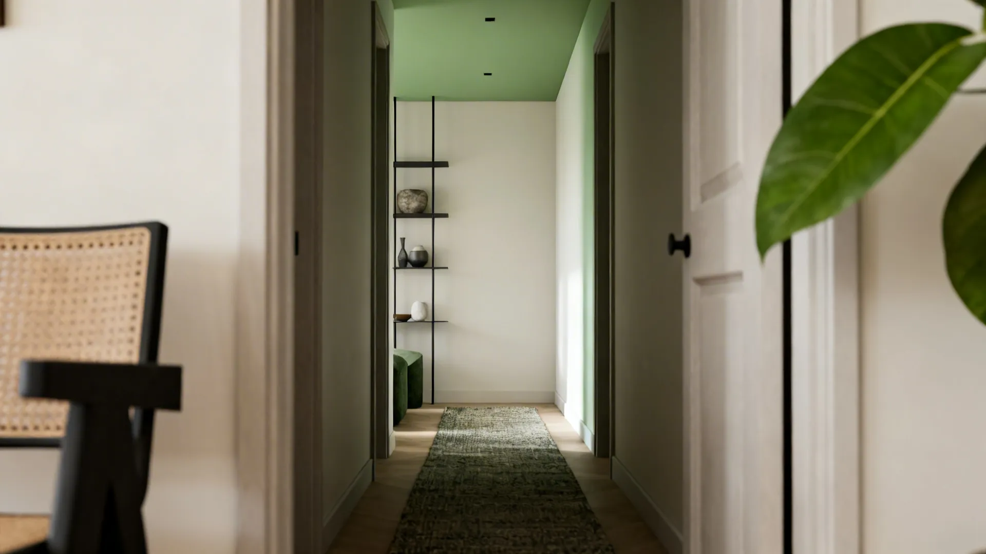 Room view with foreground framing and a rug guiding the eye to the vanishing point.
