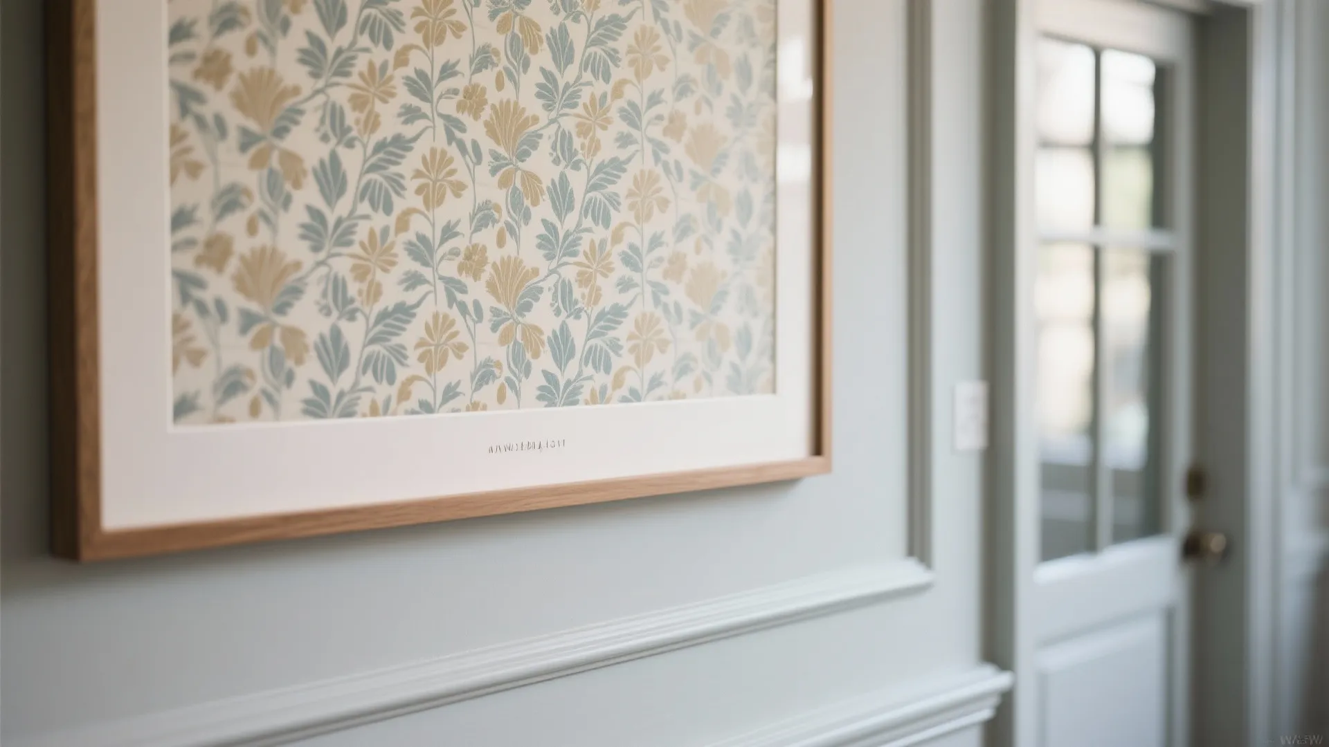 Close-up of a wallpaper panel framed by painted trim, creating an art-like feature on the wall.