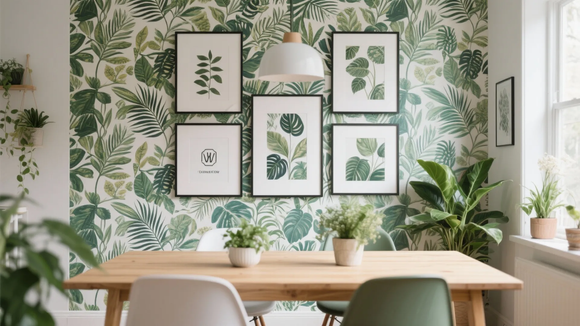 Dining table with green chairs against tropical leaf wallpaper and several framed botanical wall art