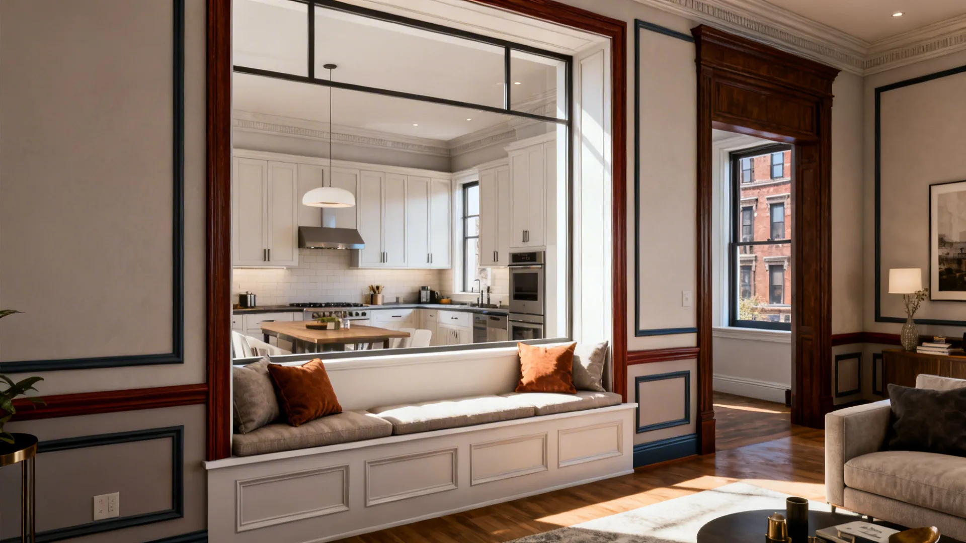 Window seat with brown cushions looking into a modern white kitchen with a wooden island