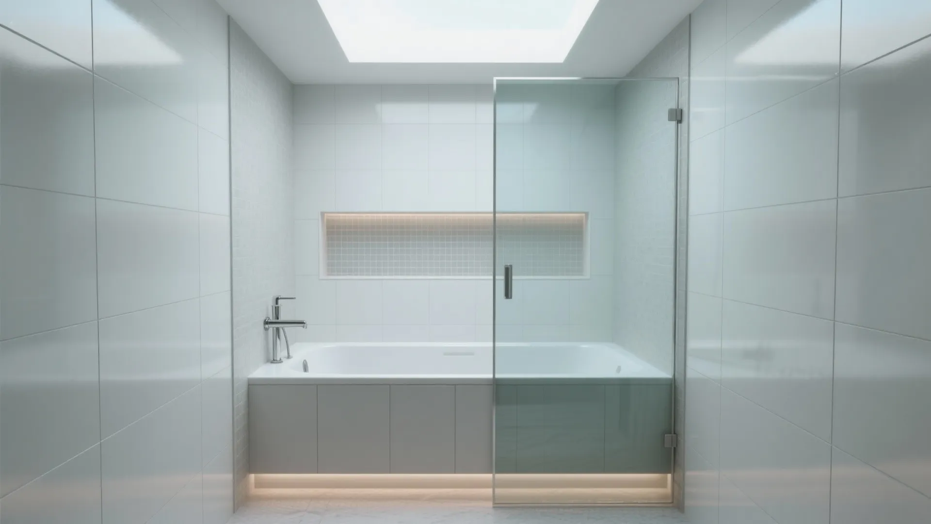 Modern white bathroom featuring a built-in bathtub with glass door, wall tiles, and natural light