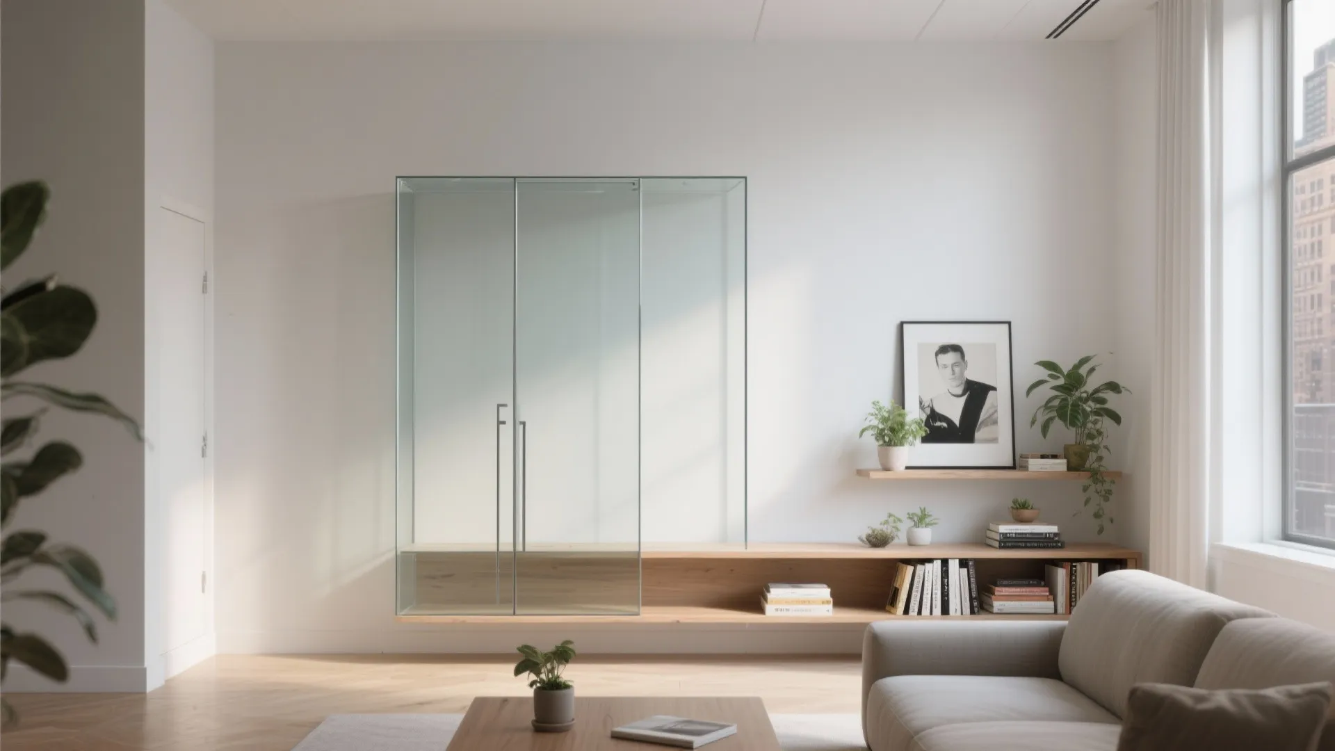 Minimalist living room with a glass cabinet, wooden floating shelf, grey sofa, and window view