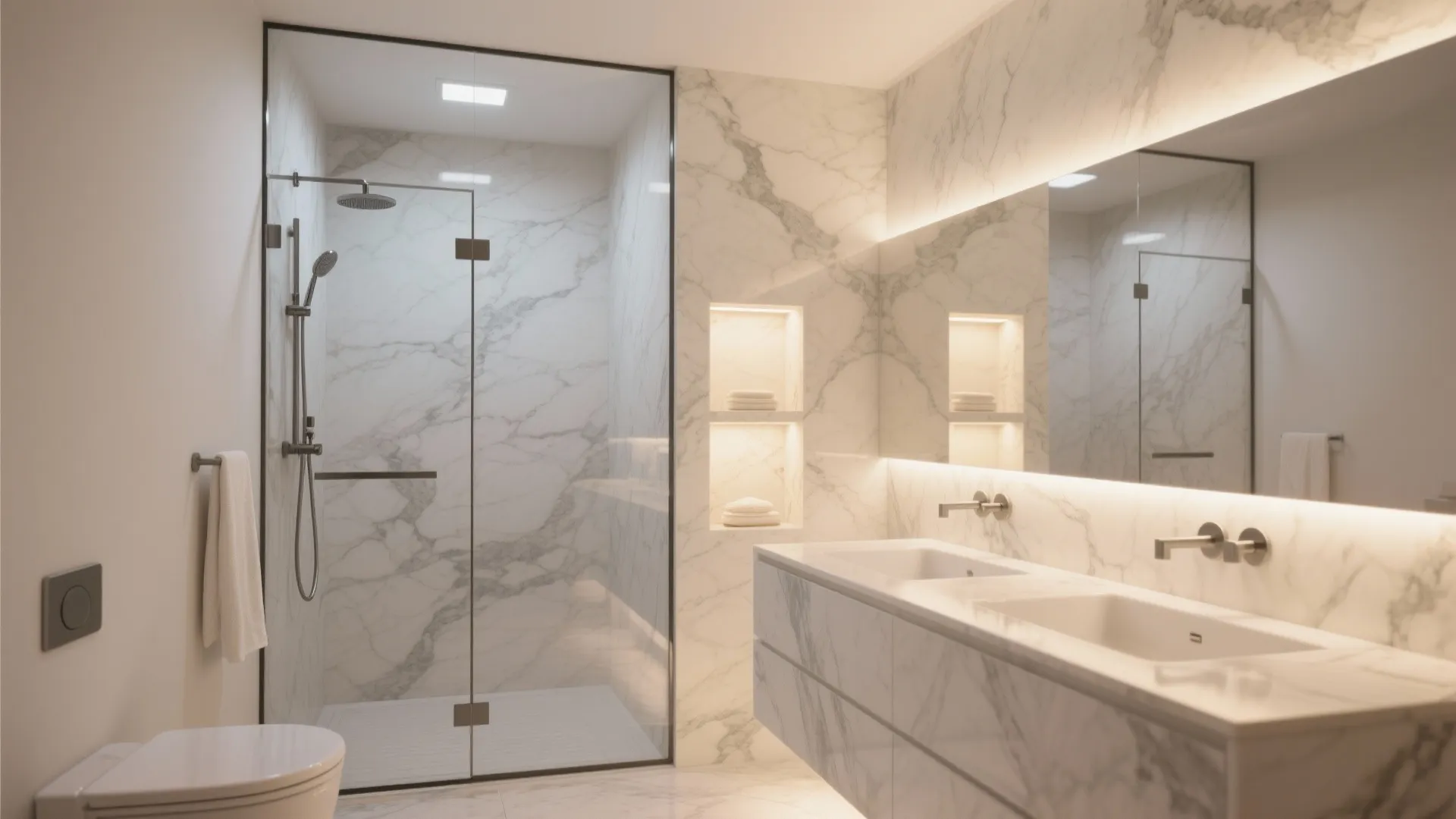 Frameless glass and backlit details to make marble glow