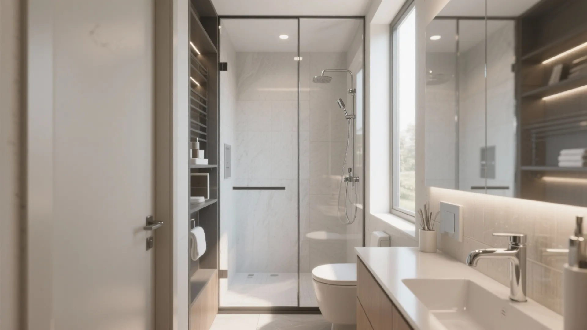 Modern bathroom with glass shower door, white sink, wooden cabinet, toilet, and bright natural window light