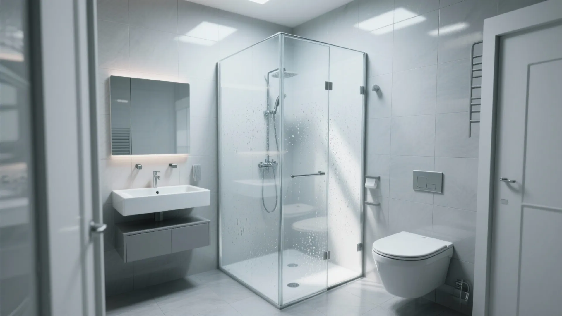 Small bathroom with clear frameless glass shower and floating vanity creating visual openness.