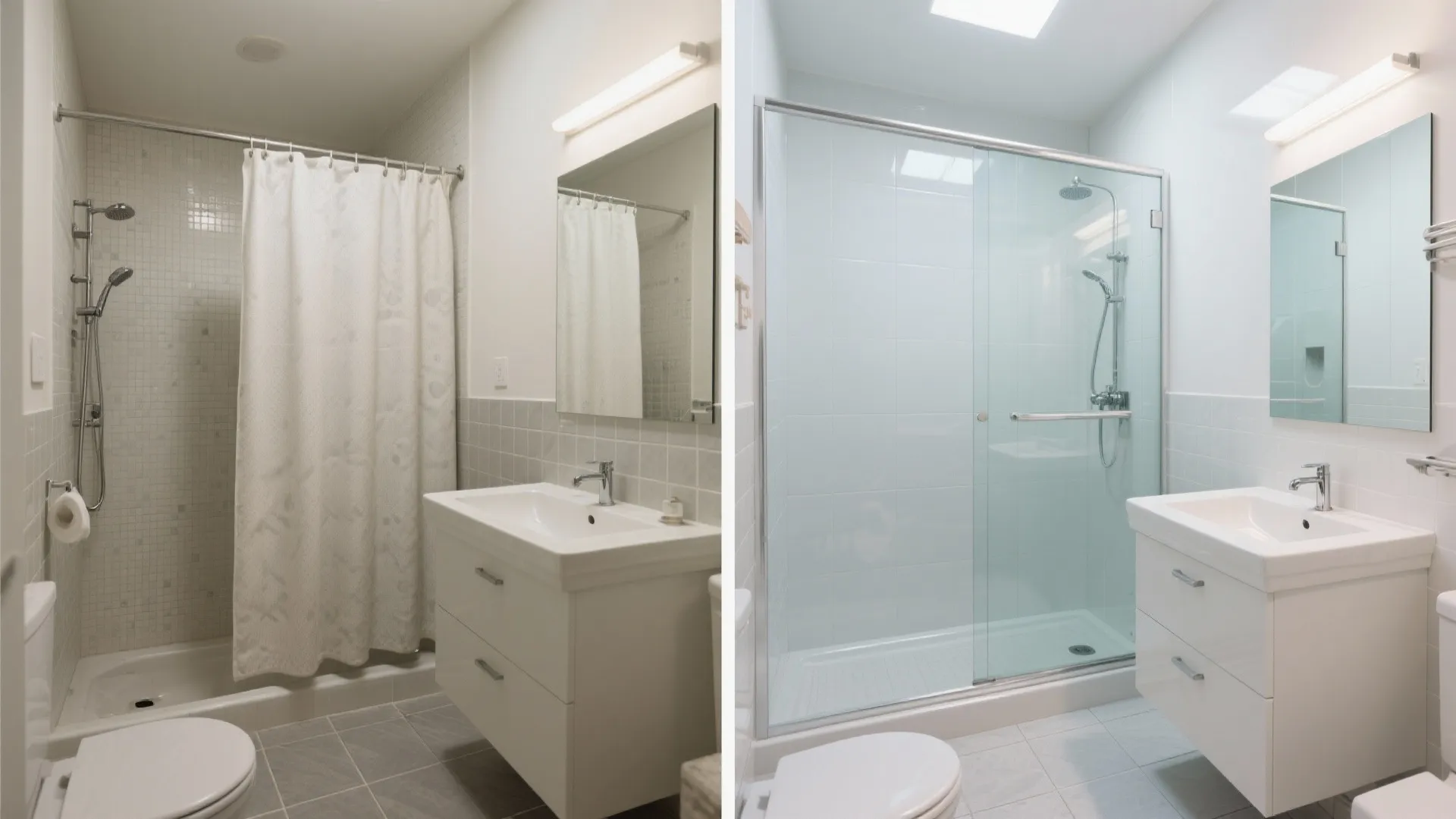 Before and after comparison of bathroom remodel from curtain shower to glass door shower enclosure