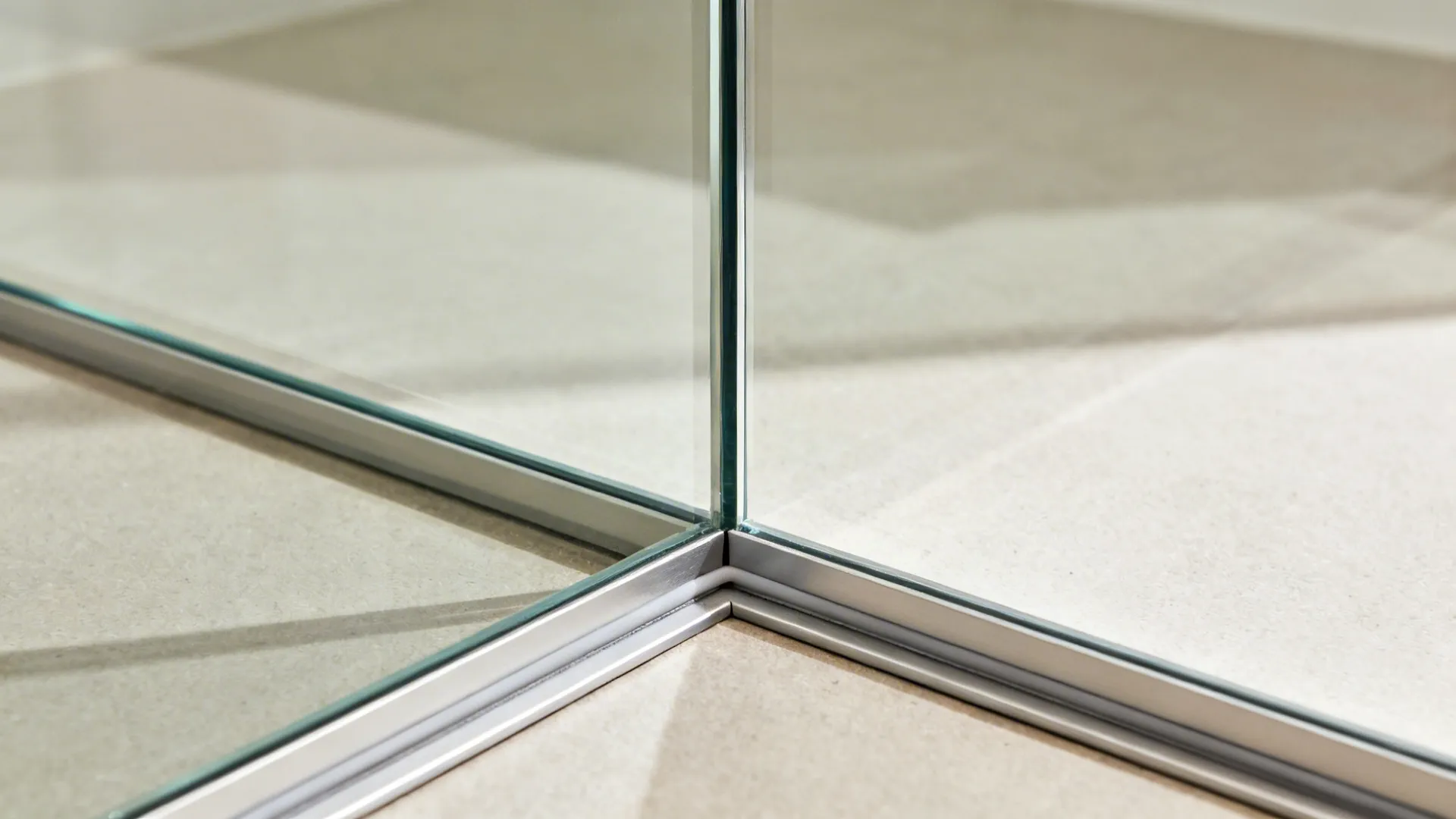Macro detail of low-iron frameless glass corner with precise silicone and minimal channel.