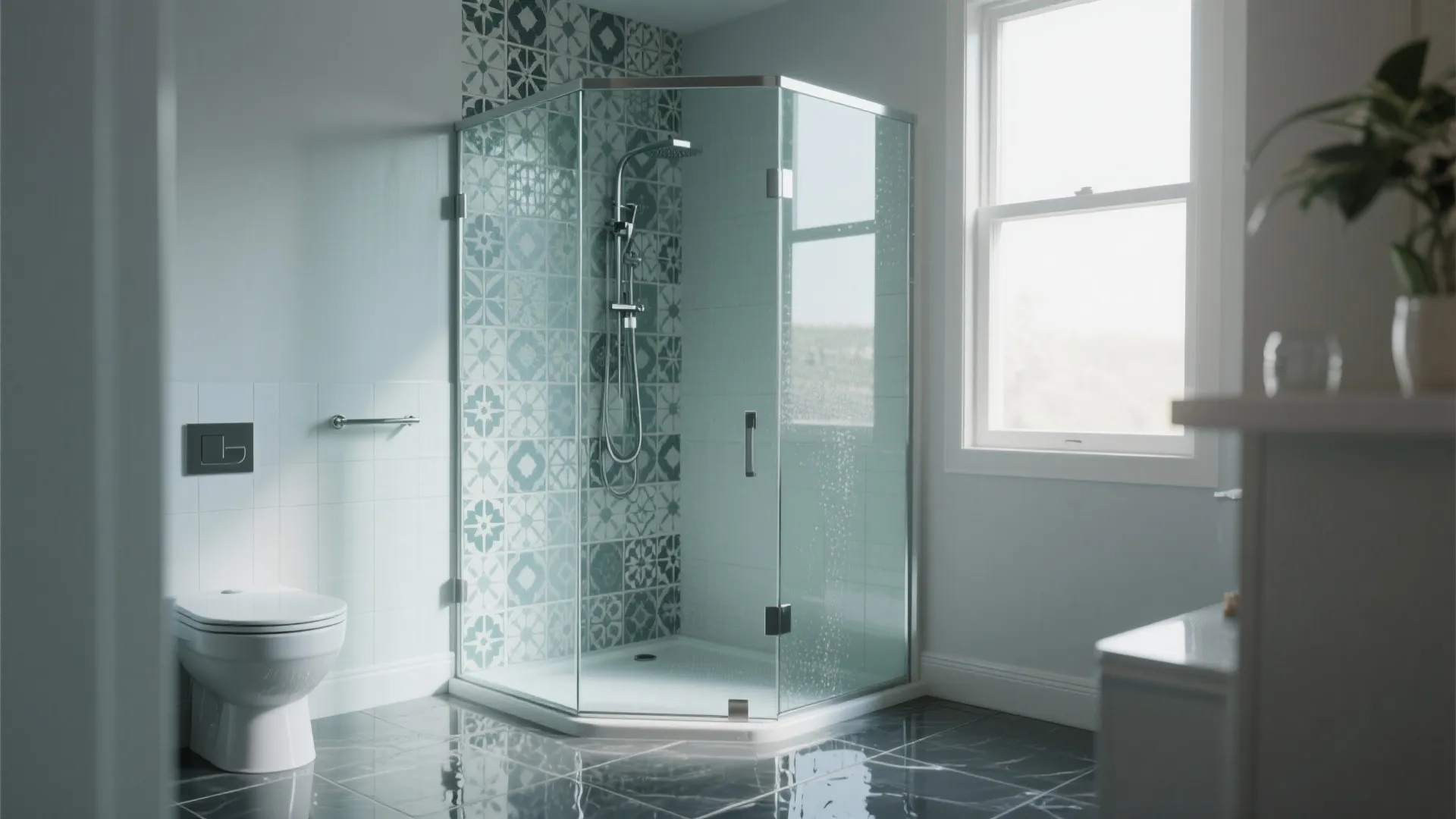 1. Corner shower with frameless glass