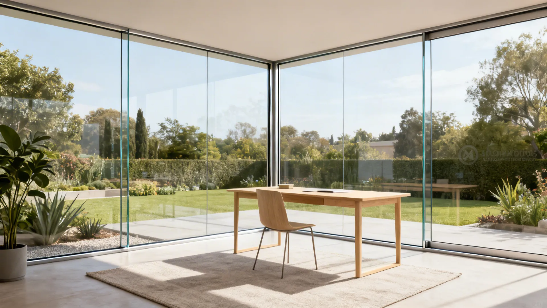 Frameless corner glass in a 10x10 study with low-iron panels and garden views creating a seamless look.