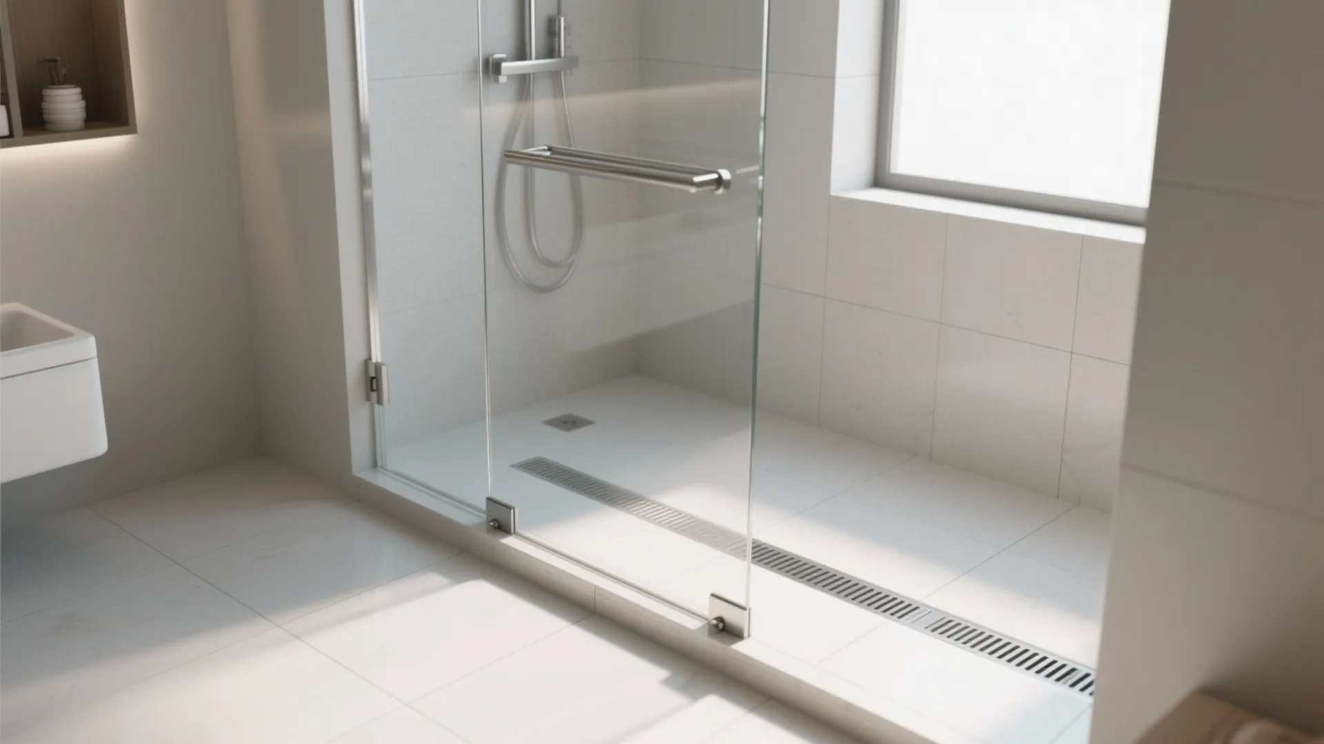 Modern bathroom with glass shower door long floor drain white wall tiles and natural light