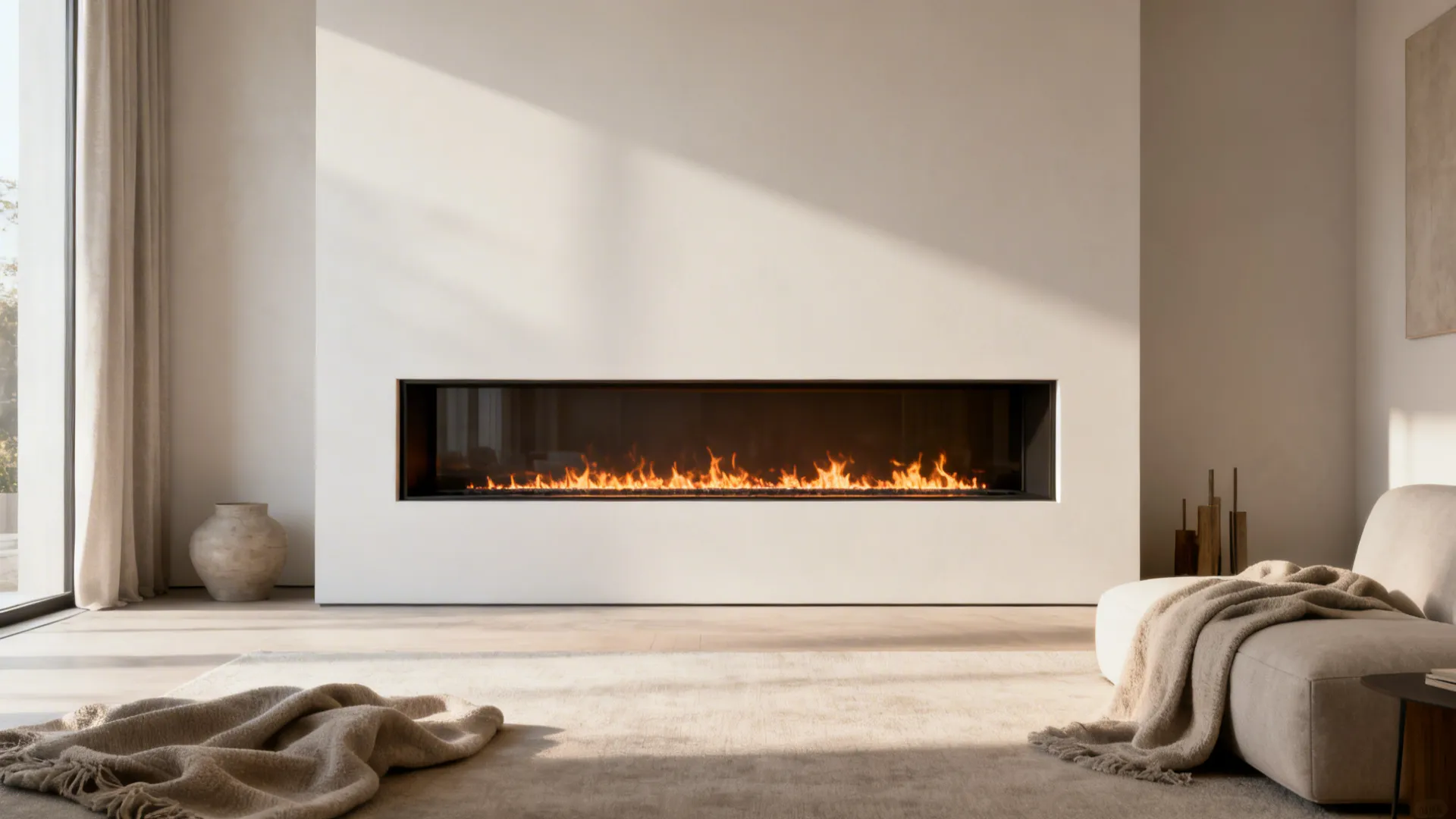Minimalist living room showing a long modern fireplace built into a plain white wall surface