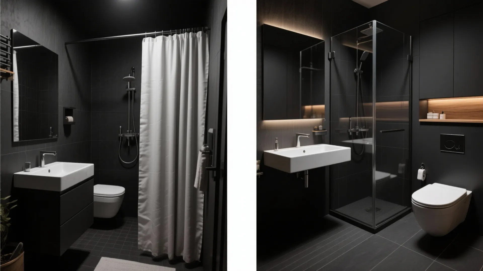 Comparison showing two dark bathroom designs one with white curtain and one with glass shower