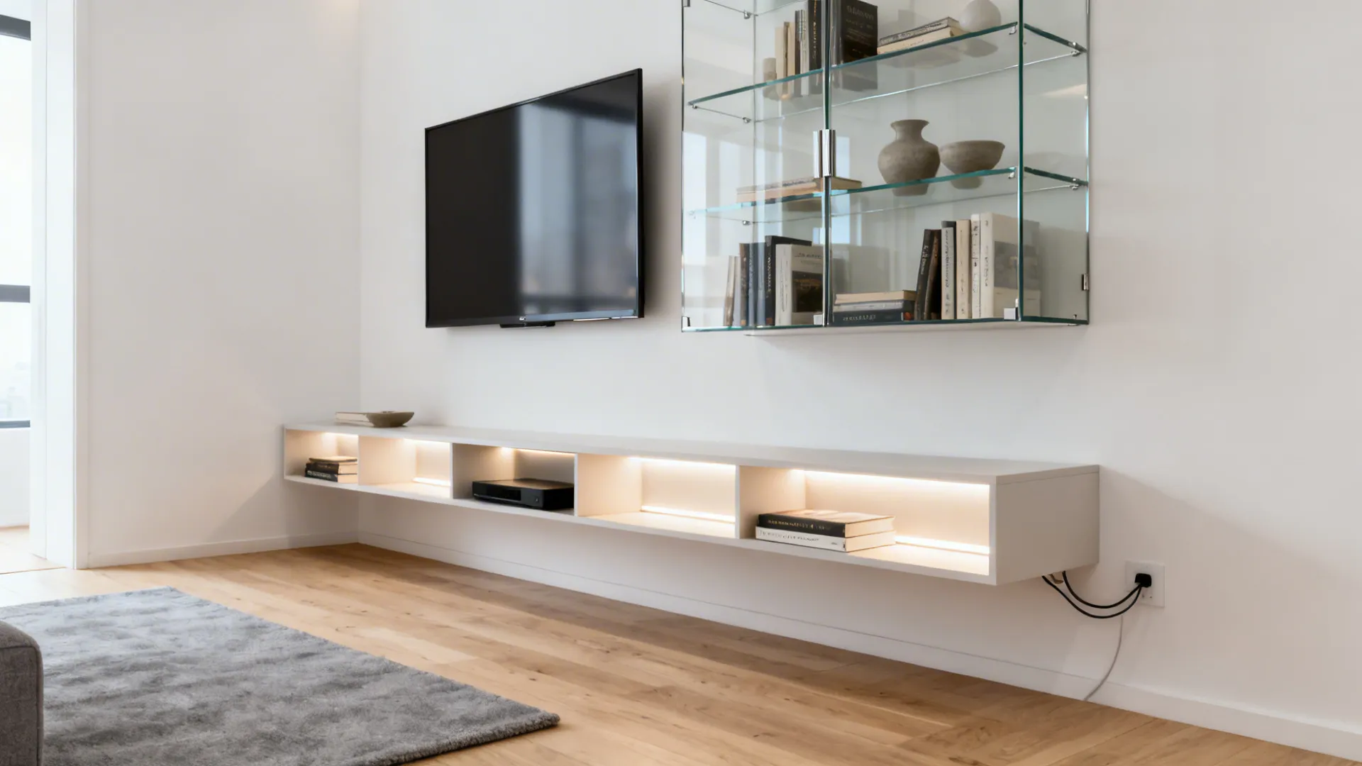 Floating media console with slim frameless low-iron glass cabinets and LED-lit shelves.