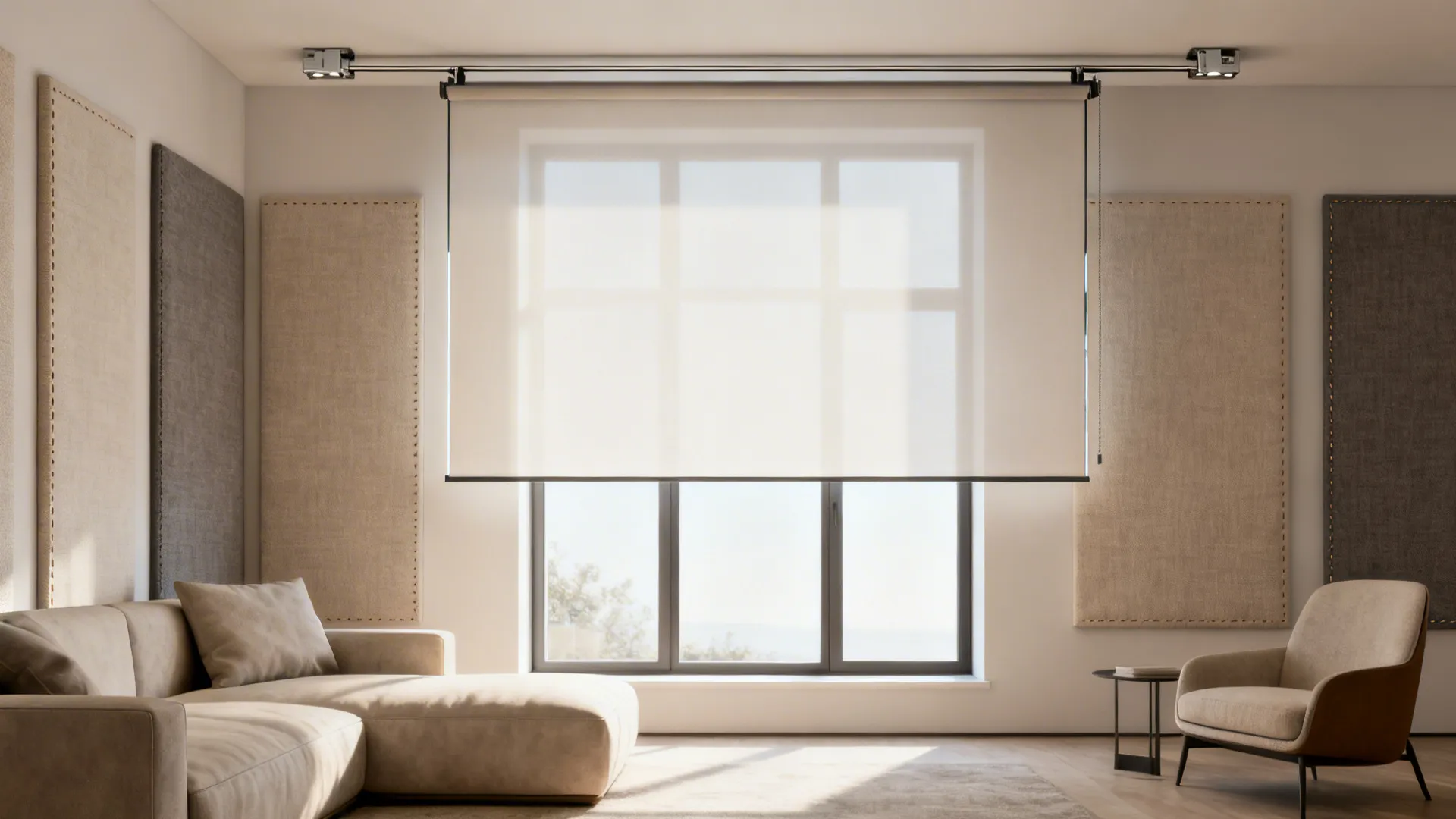Modern living room with beige sofa and chair featuring large white thin window roller blind