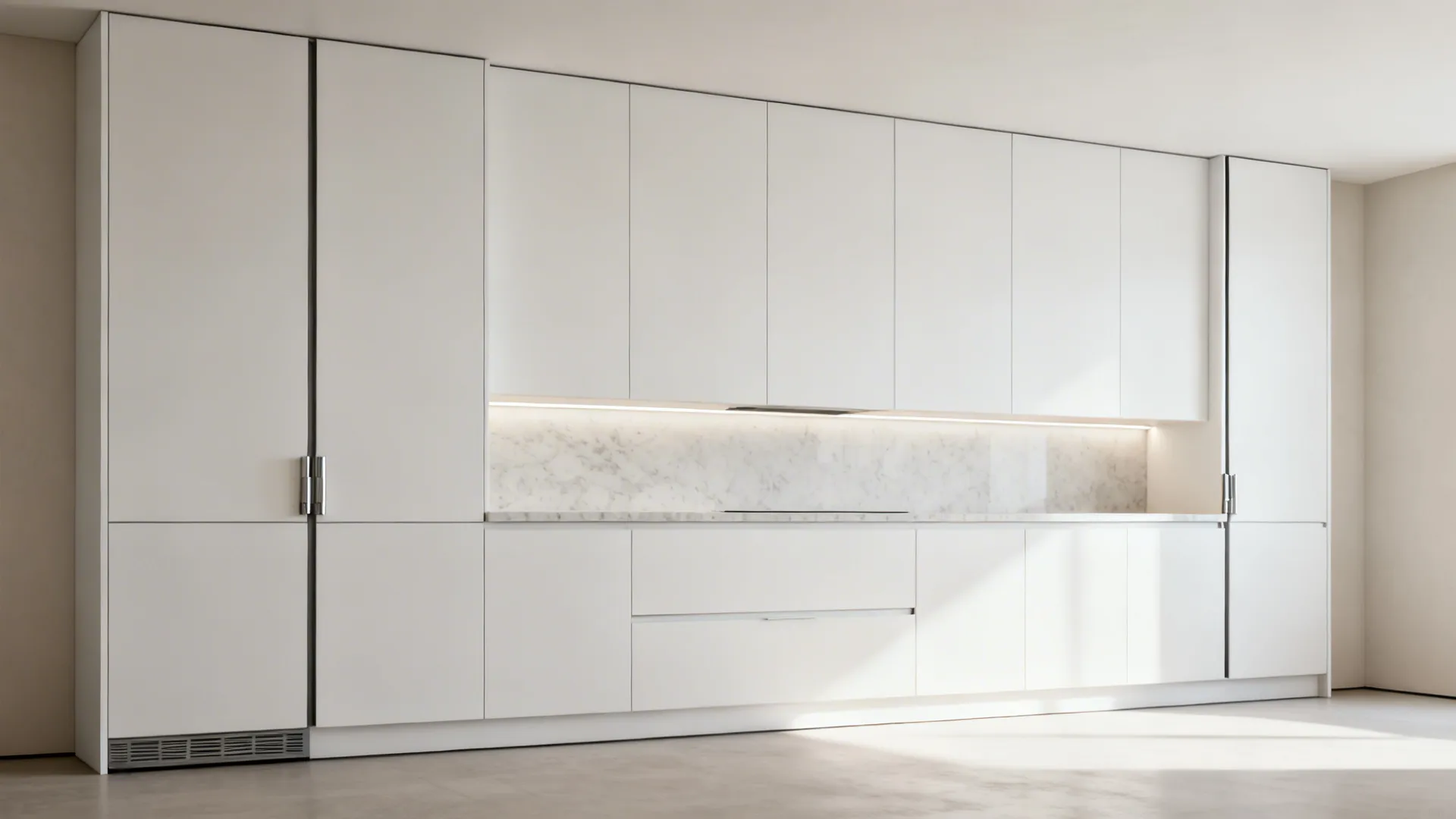 Frameless full-height kitchen wall cabinets with slim matte doors and a neat ceiling shadow gap.