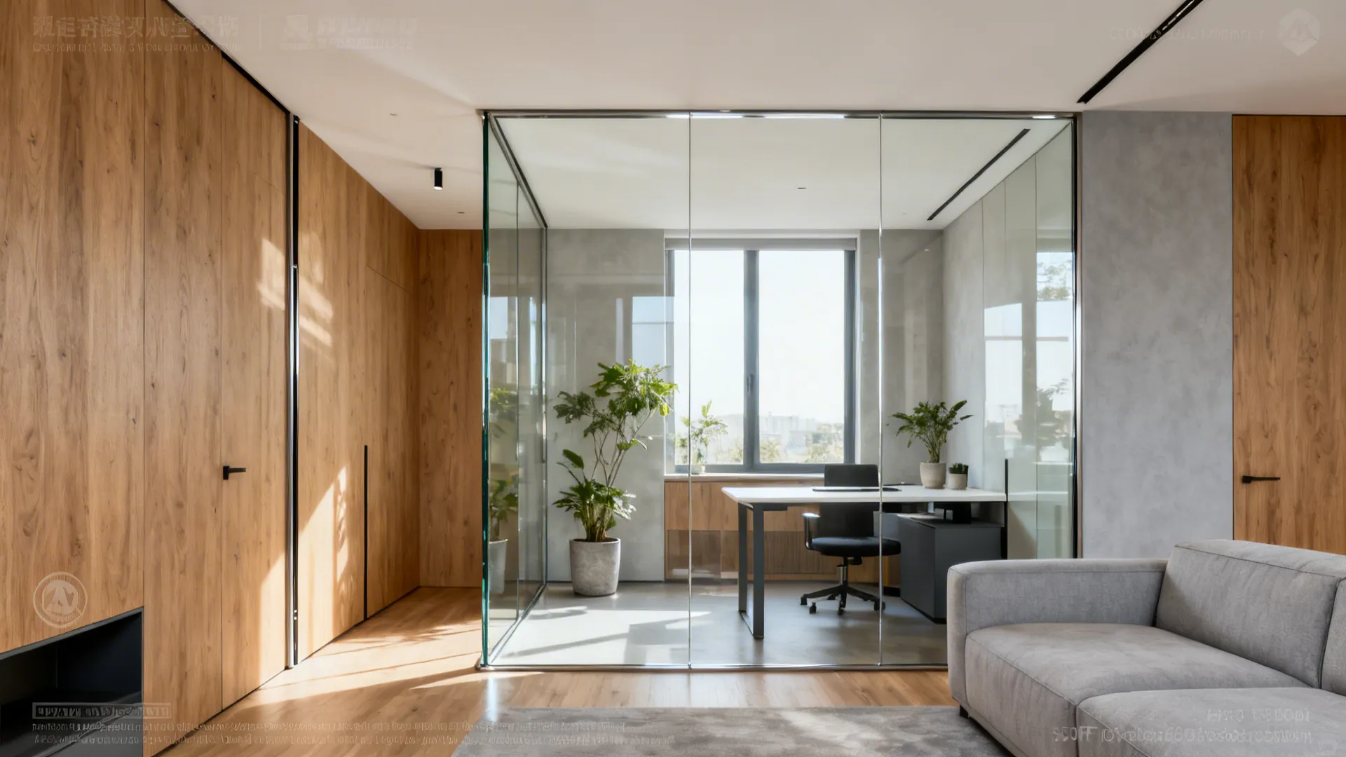 Frameless full-height glass divider subtly separates a lounge and small office.
