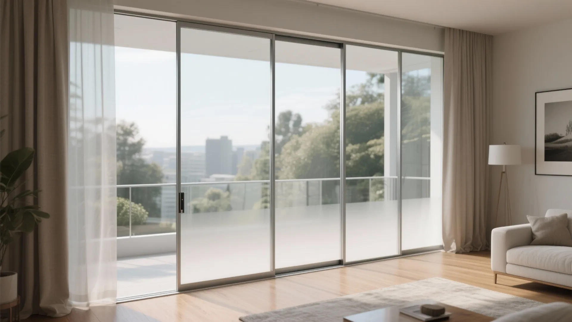 Modern living room with glass sliding doors white sofa wooden floor and view of balcony