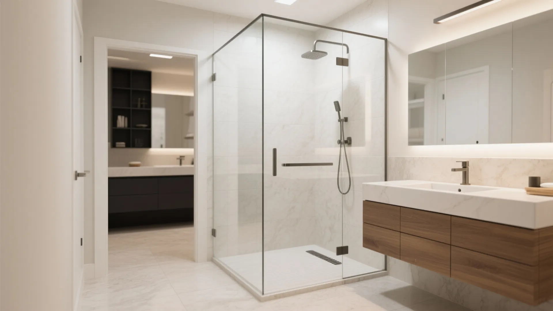 Frameless glass shower and clear partitions