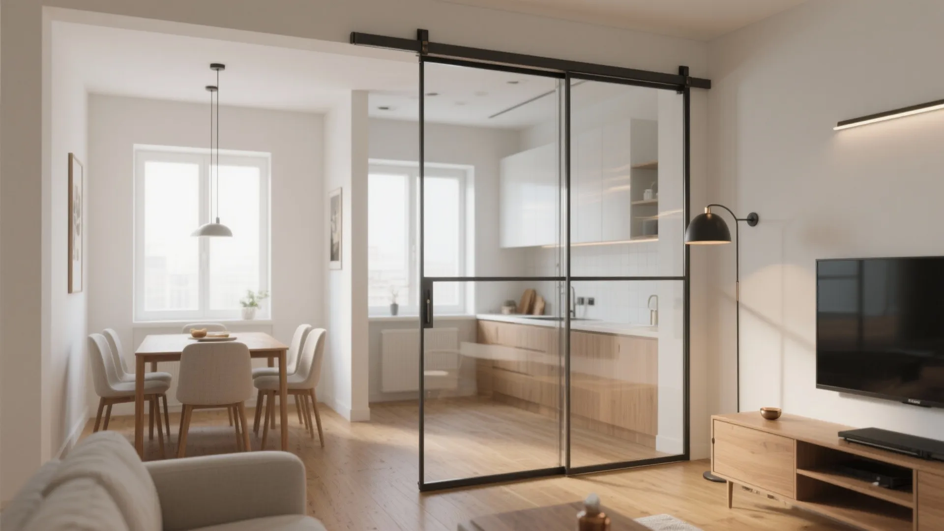 Sliding glass door with black frame separating modern kitchen and dining area with wooden floor
